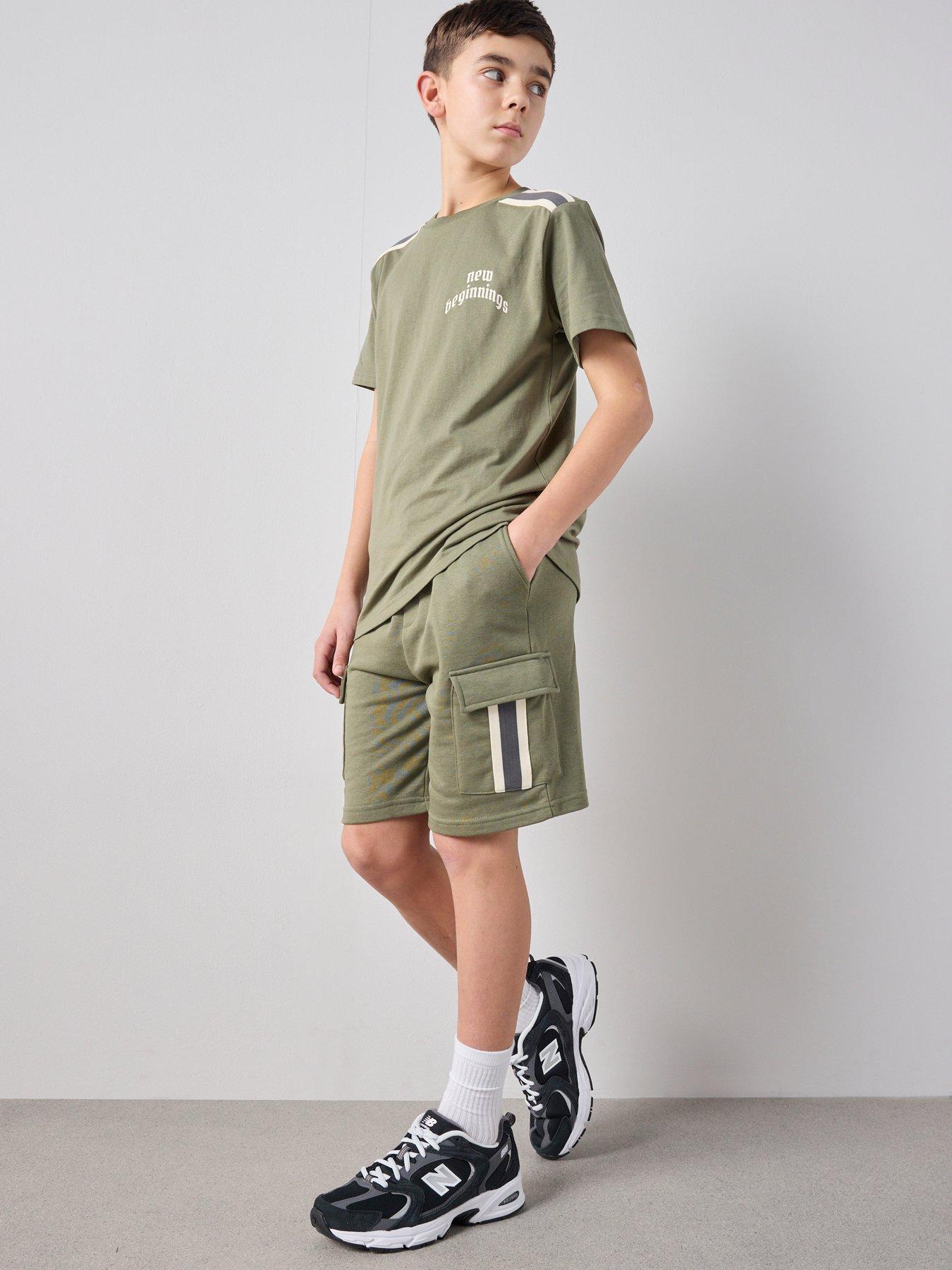 The Very Collection Boys Utility Sweat Shorts And Tshirt Outfit Set - Khaki