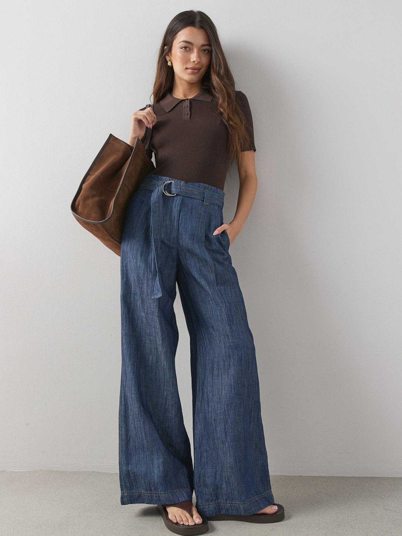 The Very Collection Indigo Linen Blend Belted Wide Leg Trouser