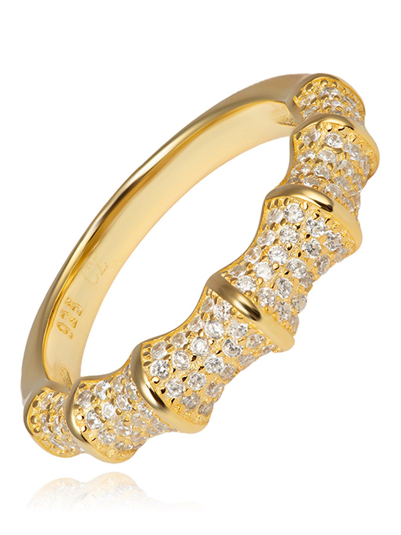 The Love Collection Gold Plated Sterling Silver CZ Pave Bamboo Ring
