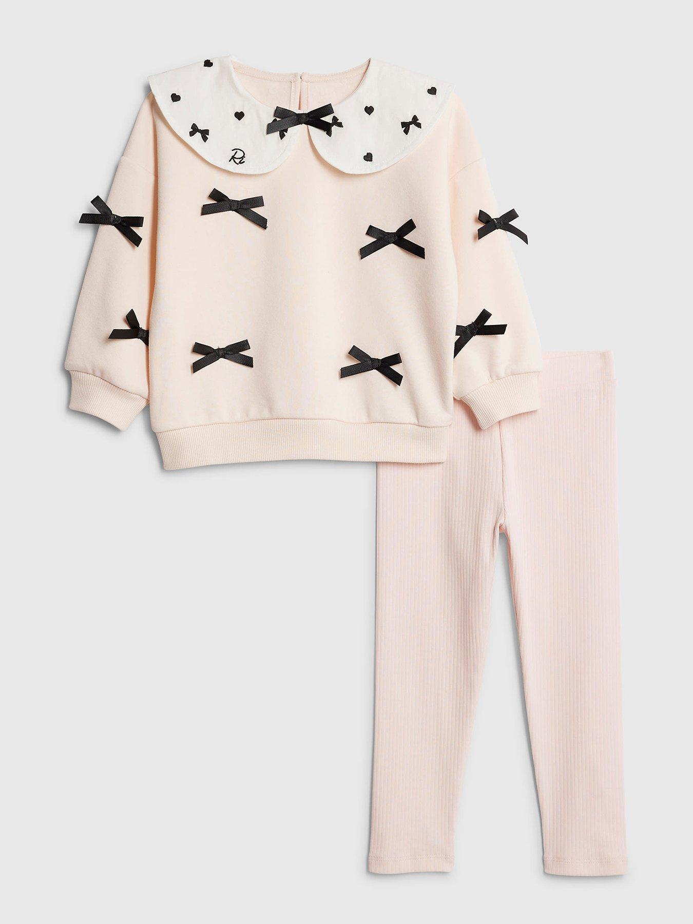Image 1 of 5 of River Island Mini Girls Collared Bow Sweatshirt Set - Light Pink