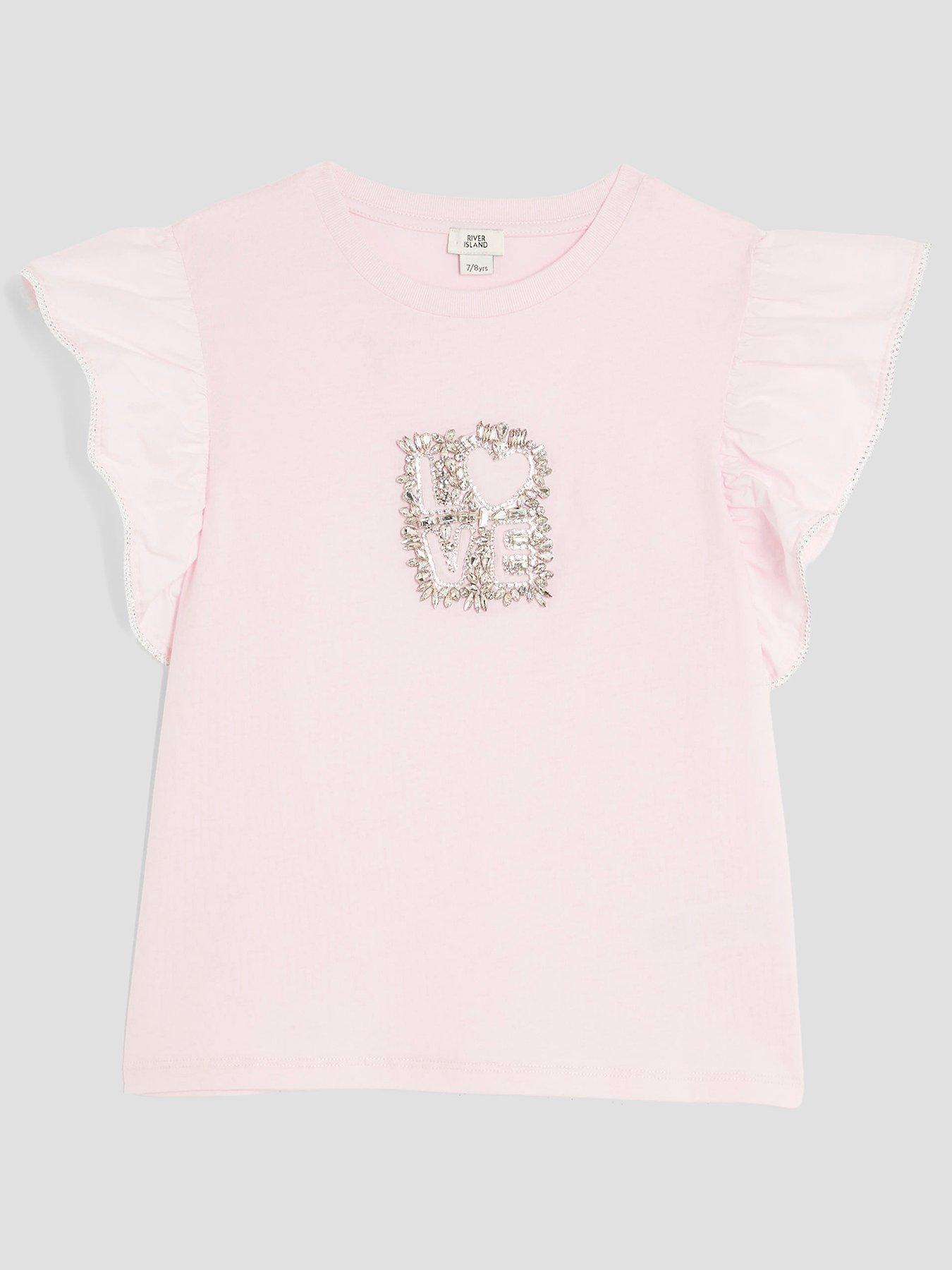 River Island Older Girls Frill Love T-Shirt - Light Pink