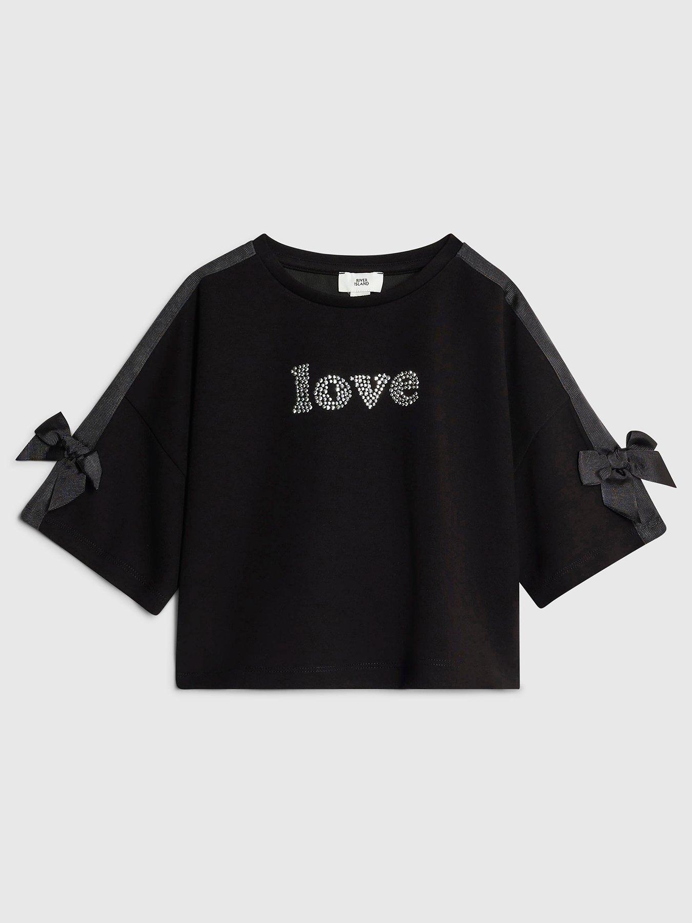 River Island Older Girls Premium Diamante Crop Bow T-Shirt Black
