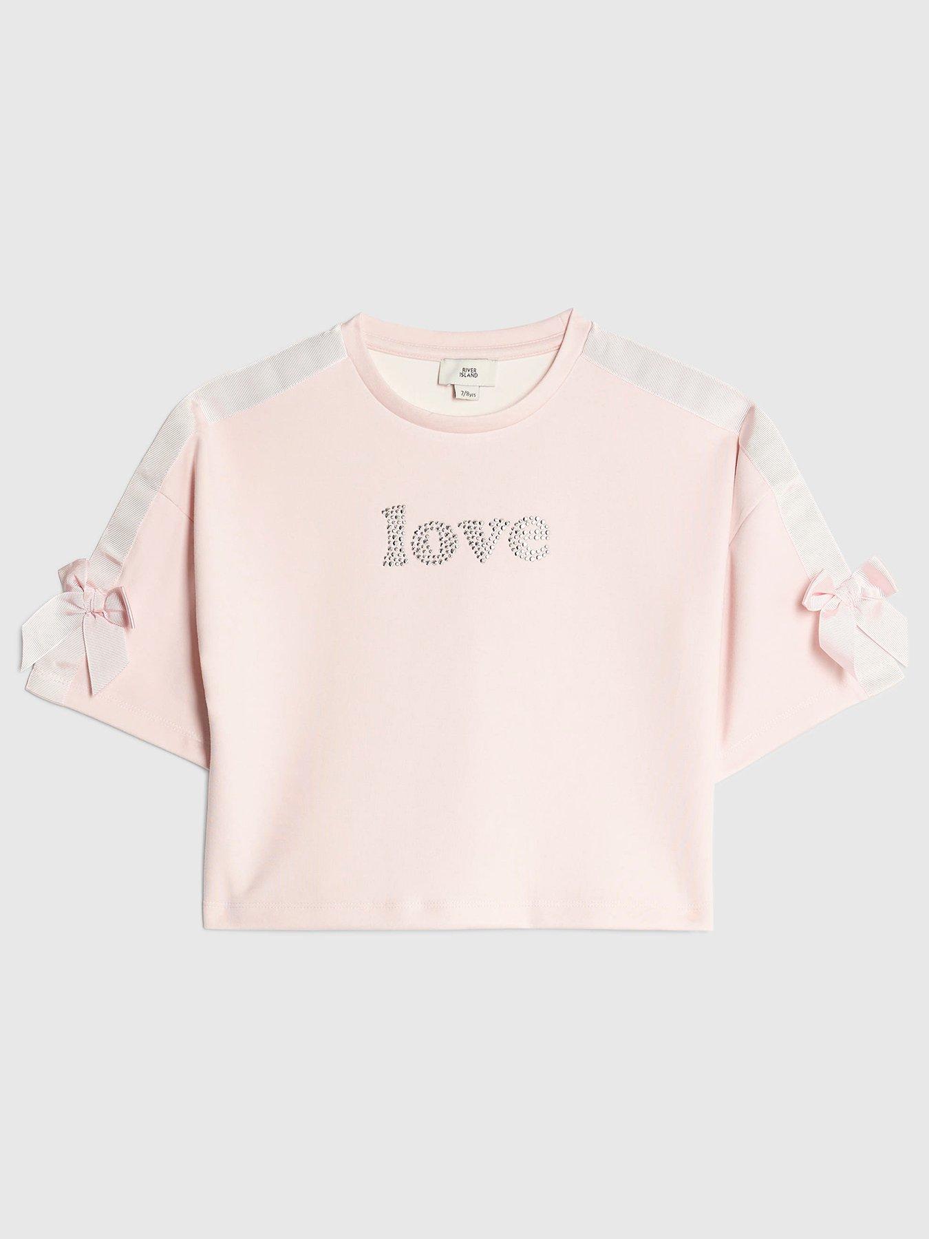 River Island Older Girls Premium Diamante Crop Bow T-Shirt - Pink