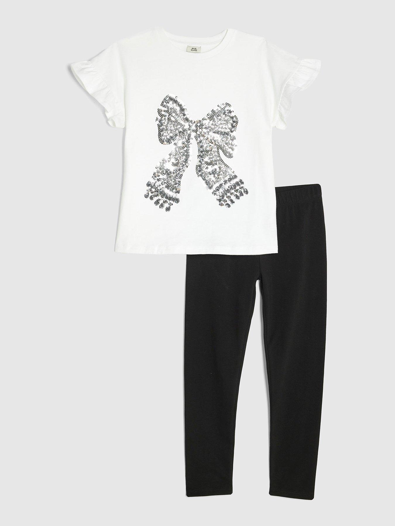River Island Older Girls Sequin Bow Top And Legging Set - White