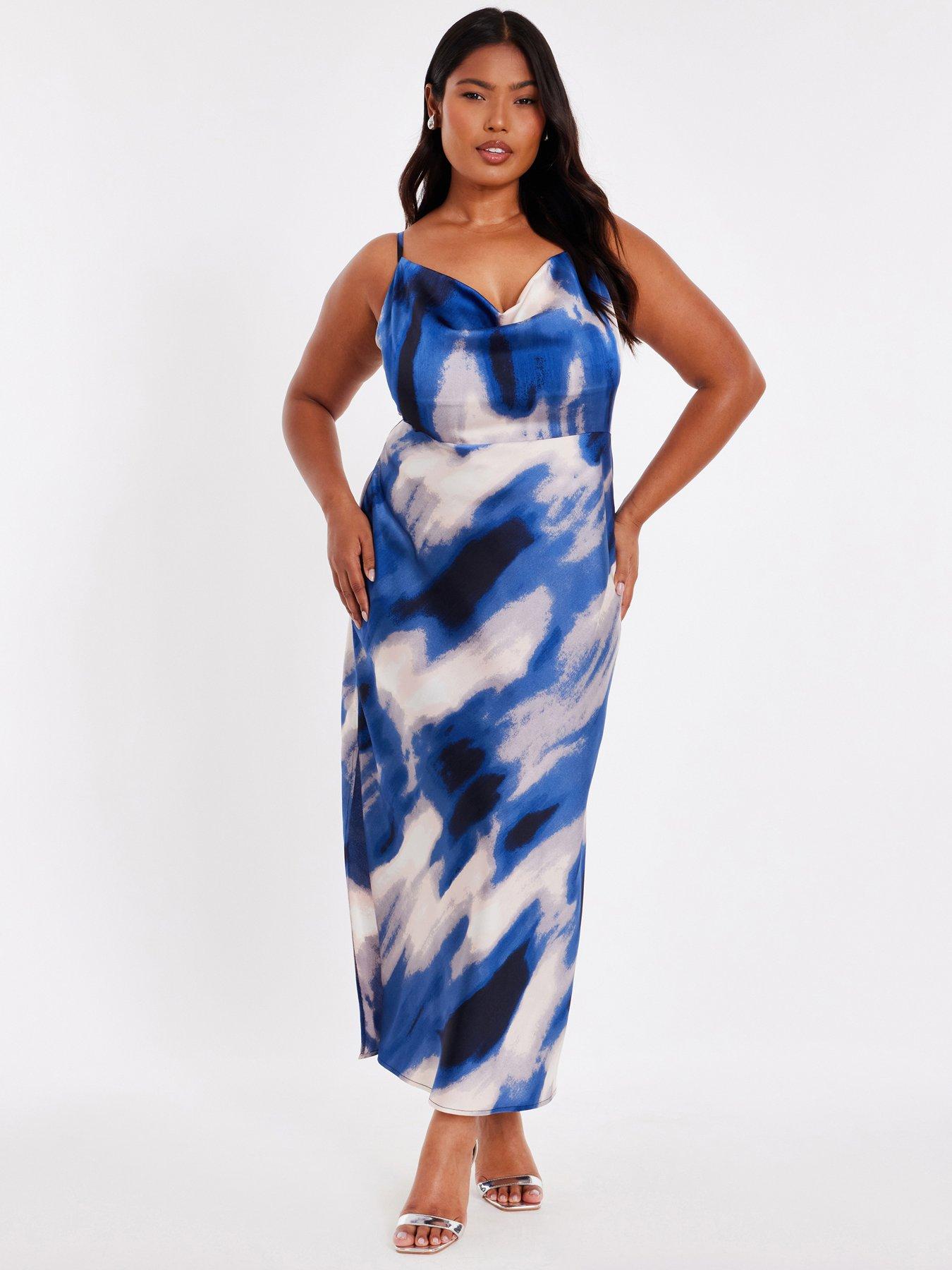 undefined Curve Blue Satin Marble Midaxi Dress