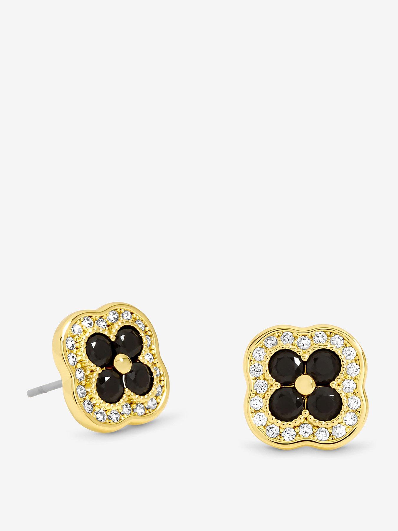 Jon Richard 14K Gold Plated Crystal and Jet Clover Studs