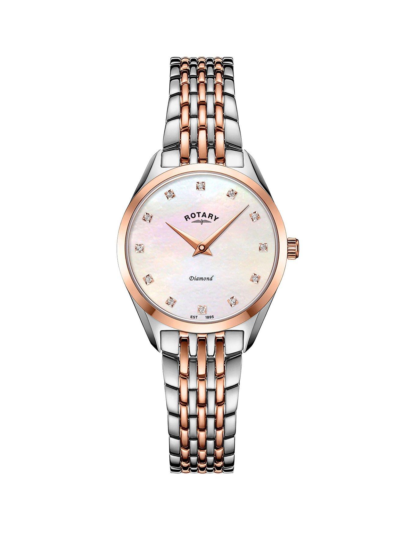 Rotary Ladie's Ultra Slim Stone Set Pink Mother Of Pearl Silver  &  Rose Gold Plated Stainless Steel Bracelet Watch