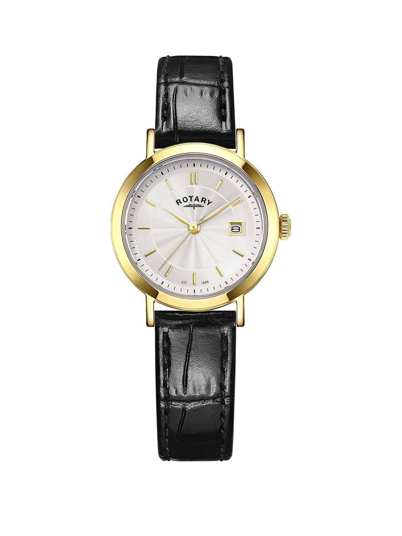 Rotary Ladies Heritage Silver Dial Gold Plated Stainless Steel Black Leather Strap Watch