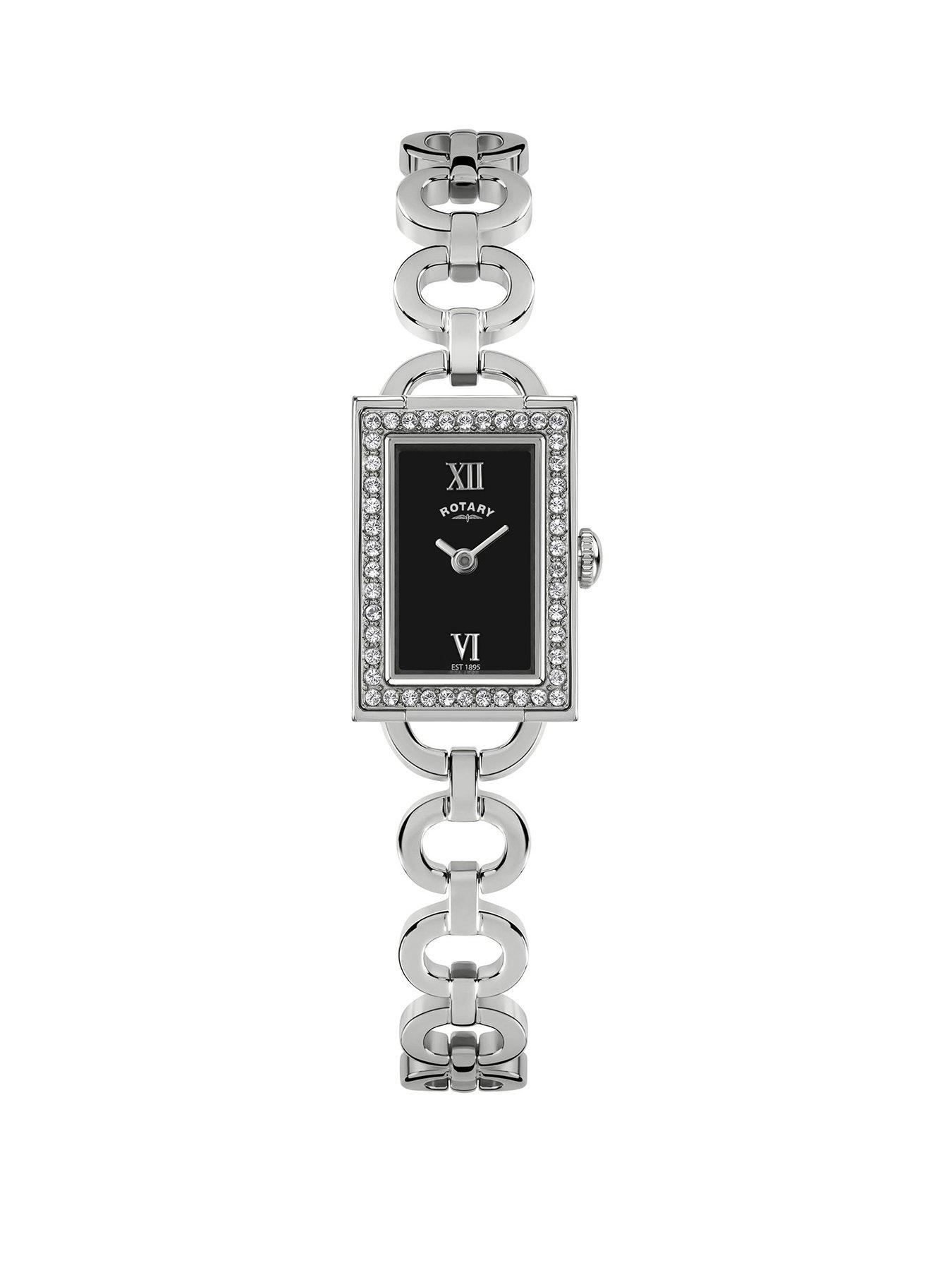 Rotary Ladies Cocktail Stone Set Rectangular Stone Set Stainless Steel Bracelet Watch