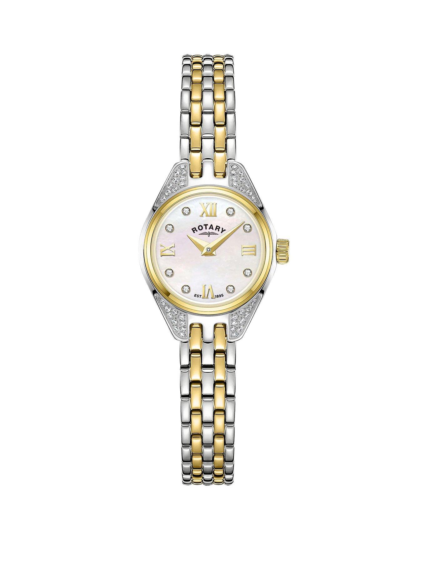 Rotary Ladies Cocktail Mother Of Pearl Stone Set Dial Silver  &  Gold Plated Stainless Steel Bracelet Watch