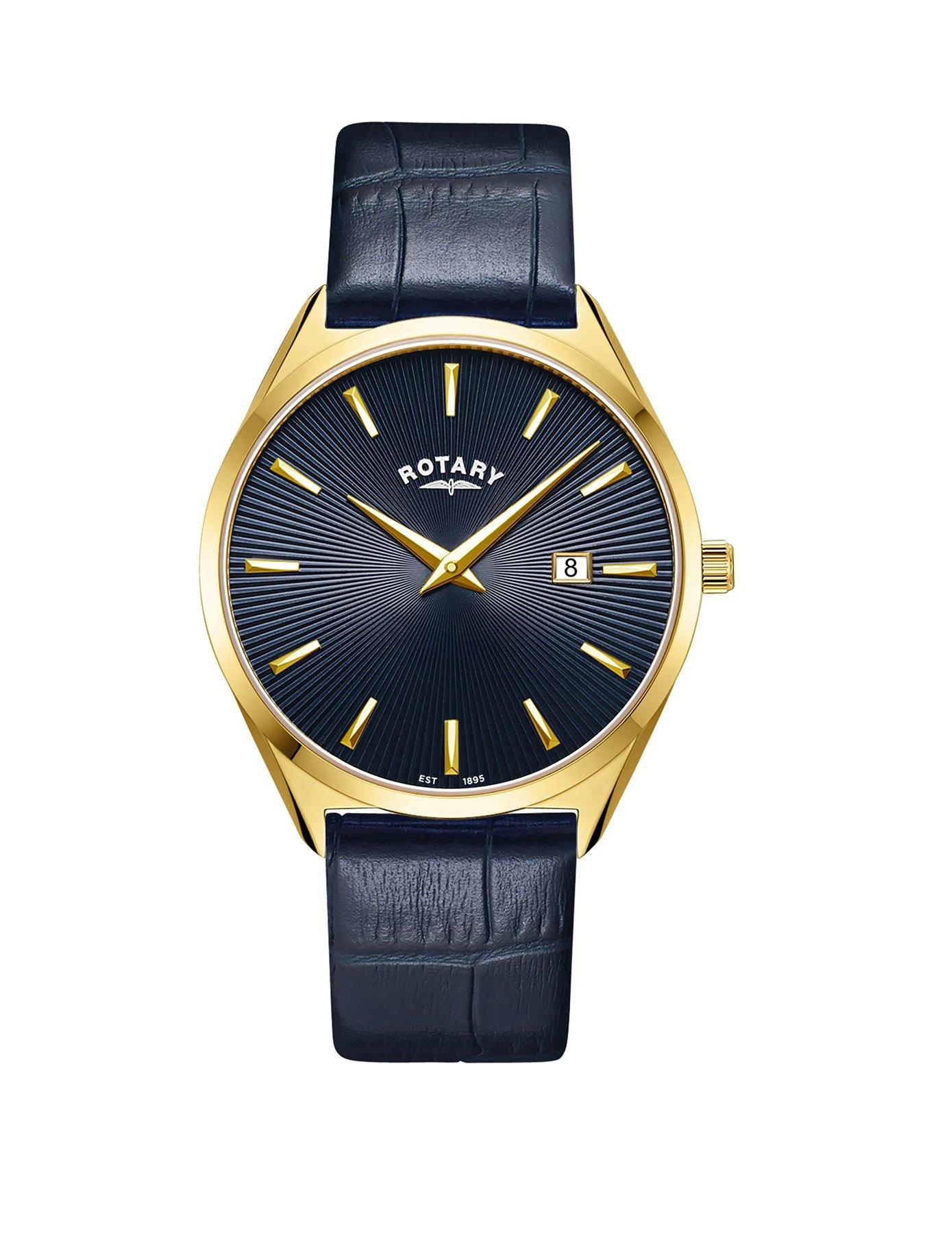 Rotary Men's Ultra Slim Gold Plated Stainless Steel Blue Leather Strap Watch