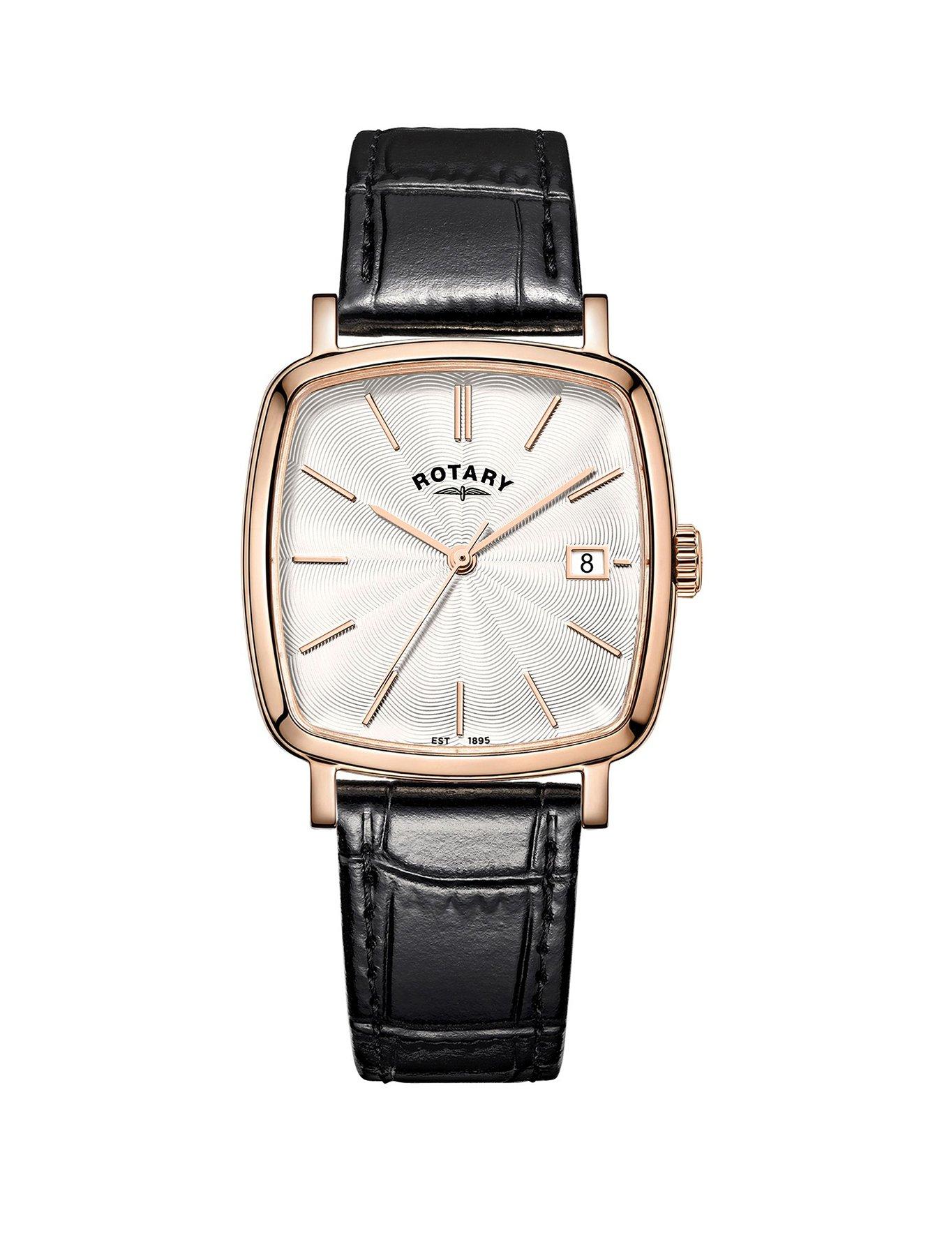 Rotary Men's Heritage Astoria Square Rose Gold Plated Stainless Steel Case Black Leather Strap Watch