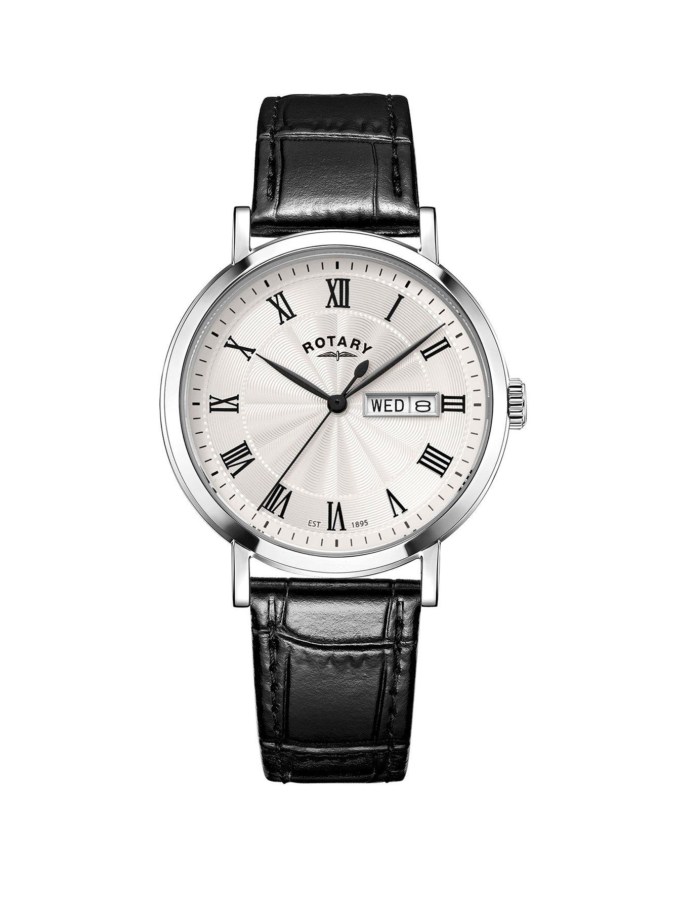 Rotary Men's Heritage Roman Numeral Stainless Steel Black Leather Strap Watch