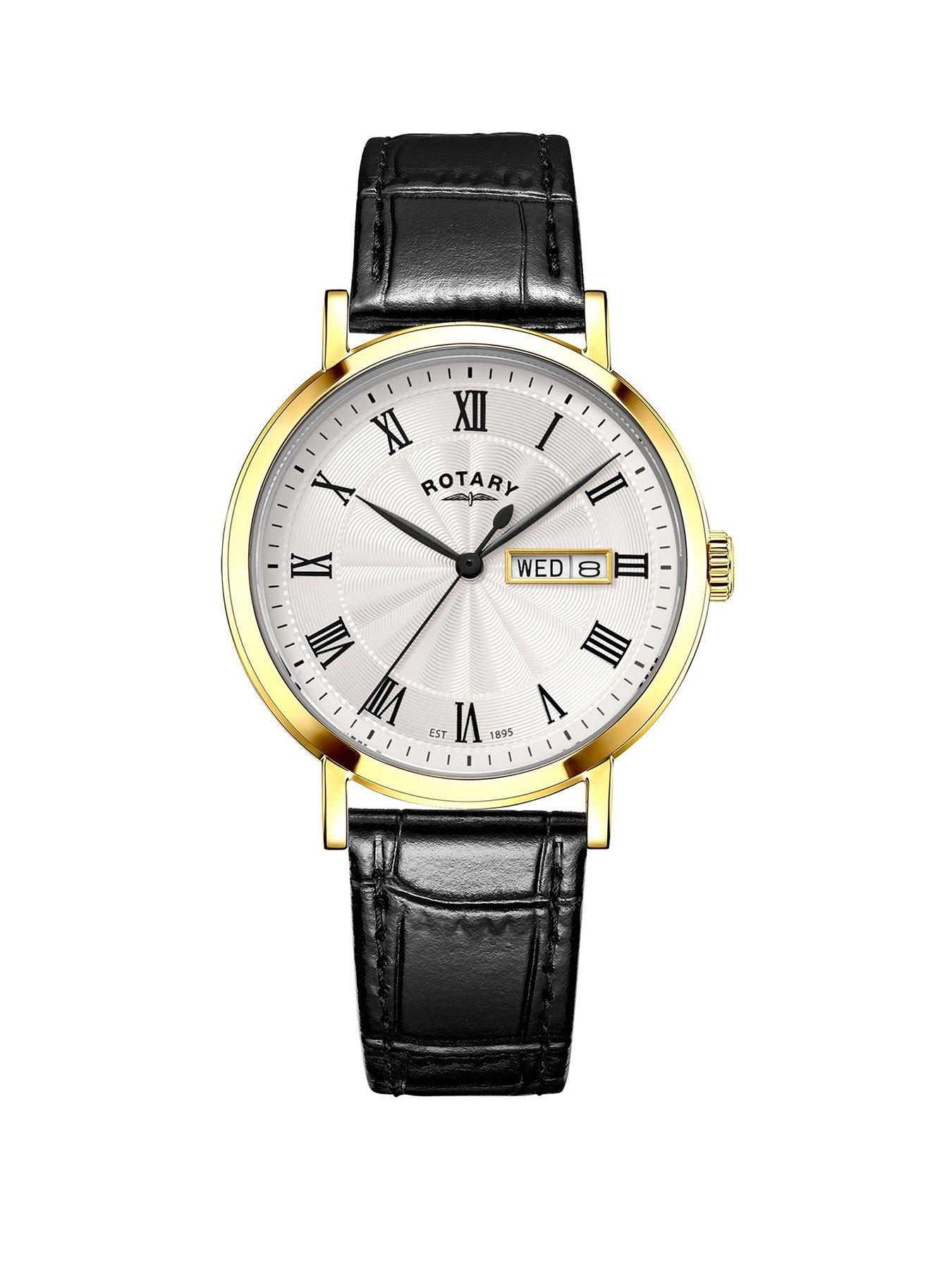 Rotary Men's Heritage Gold Plated Stainless Steel Black Leather Strap Watch