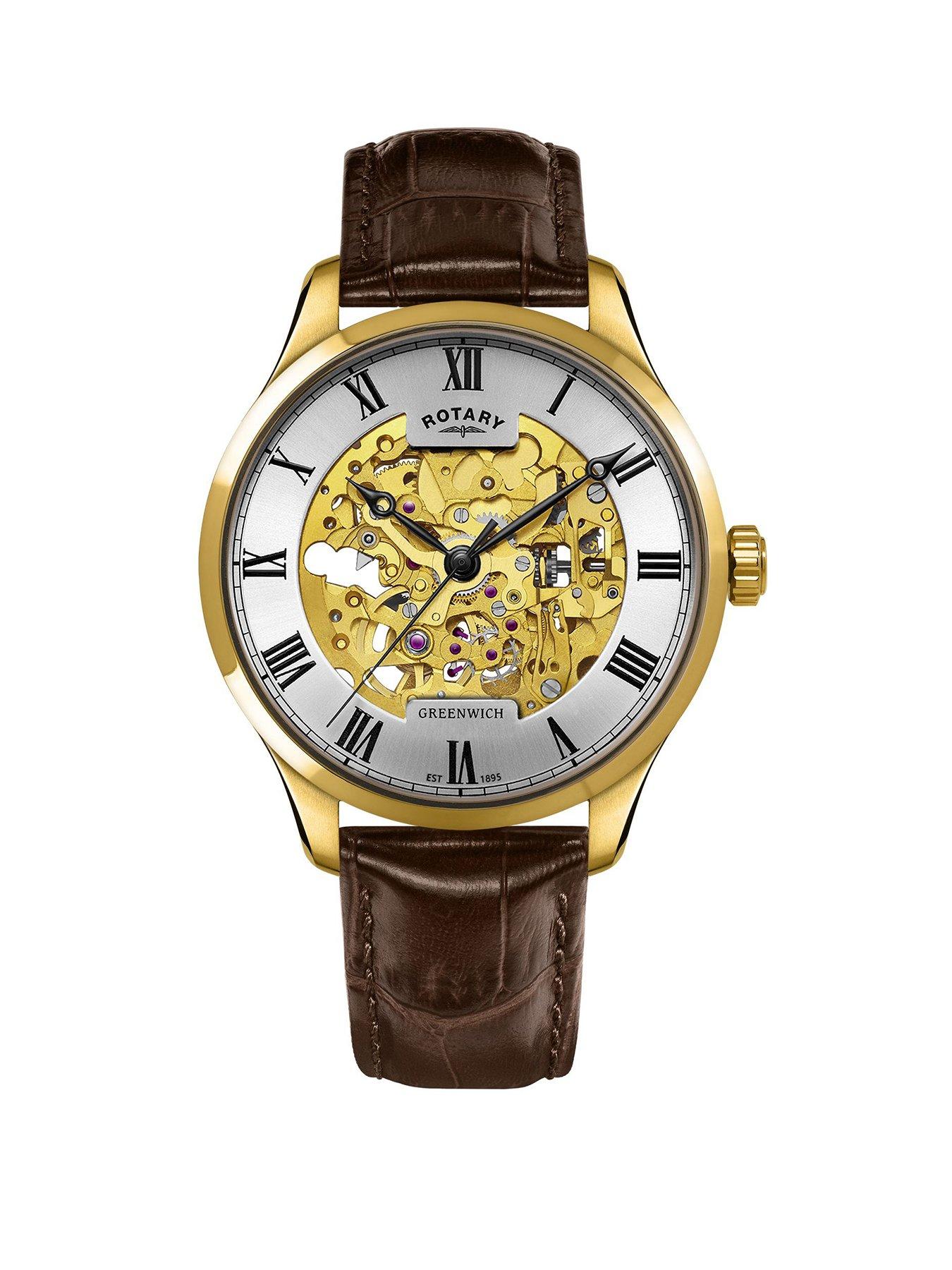 Rotary Men's Greenwich & Gold Plated Stainless steel Brown Leather Strap Watch, Multi, Men