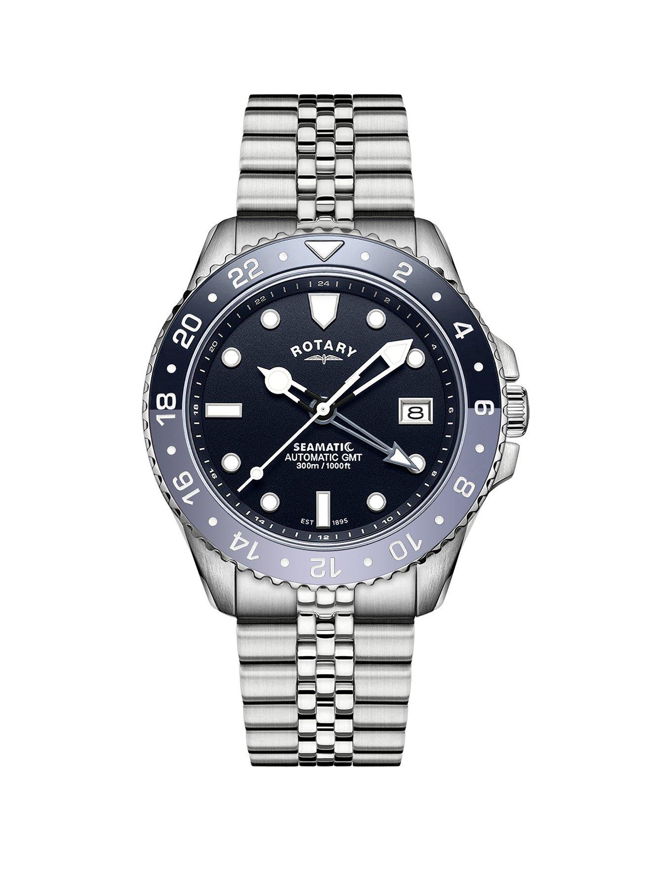 Rotary Men's Seamatic GMT 300M Water Resistance Blue Dial Stainless Steel Bracelet Watch