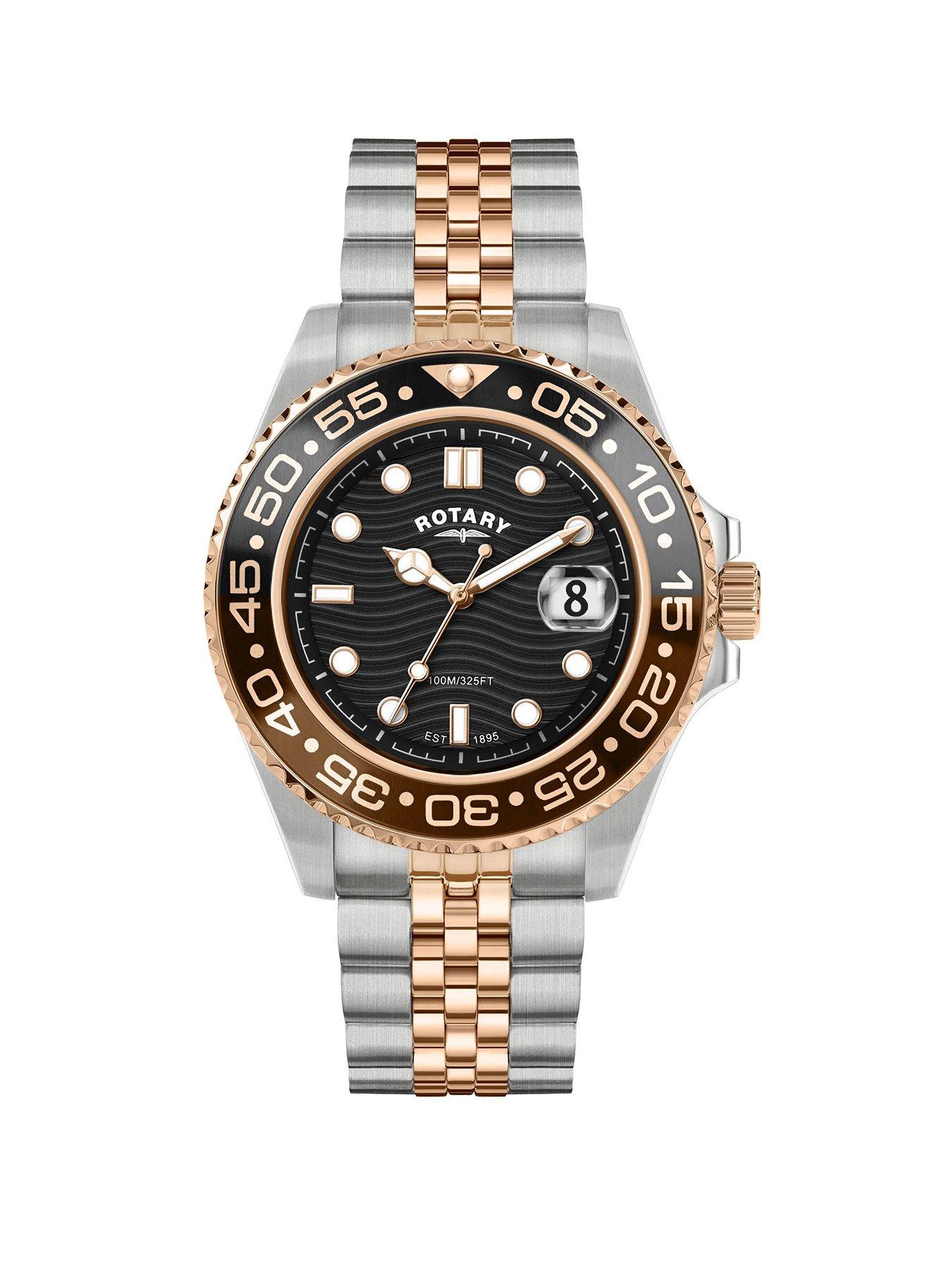 Rotary Men's Apex 100 Black Dial Silver  &  Rose Gold Plated Stainless Steel Bracelet Watch