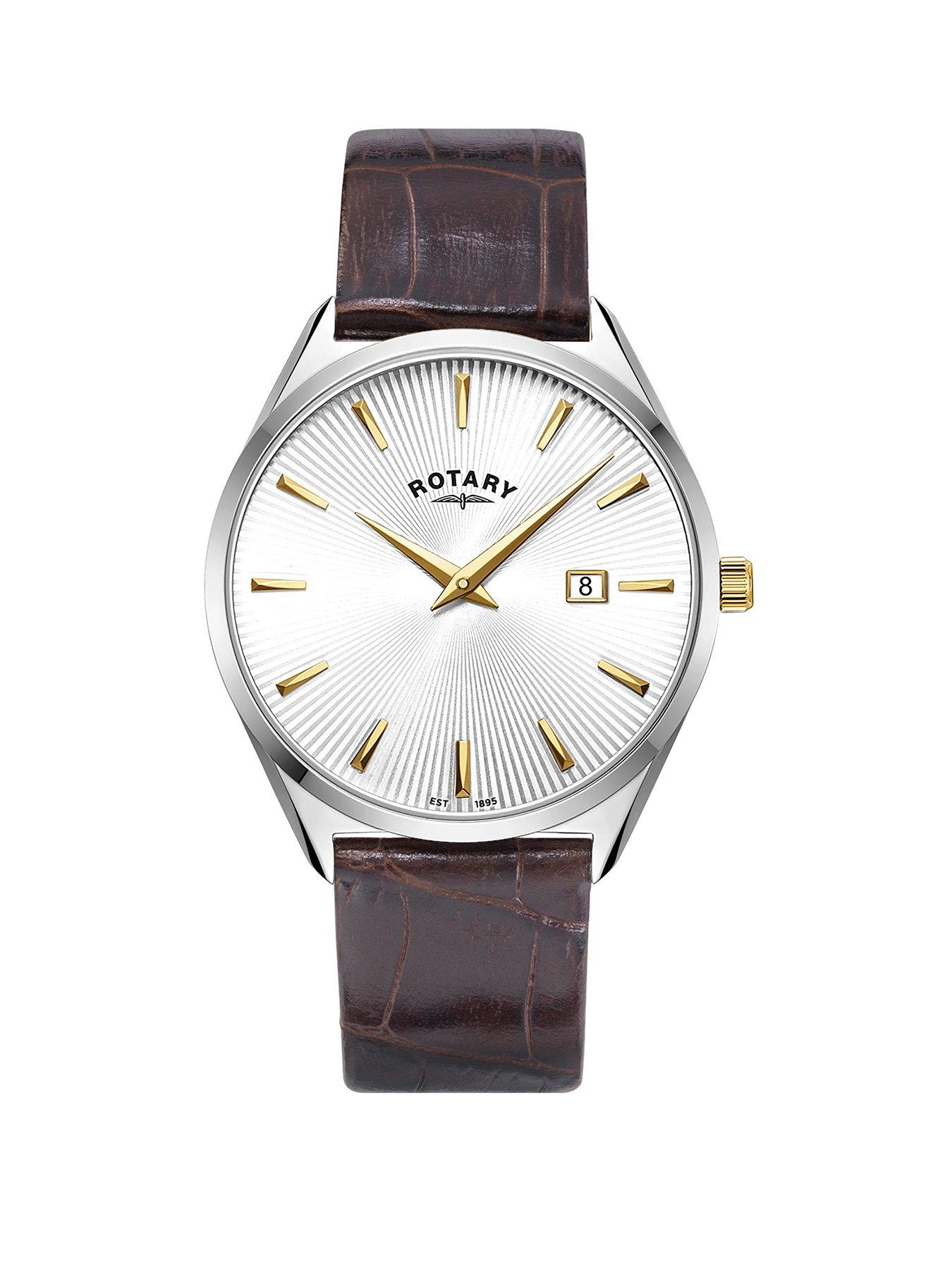Rotary Men's Ultra Slim Stainless Steel Brown Leather Strap Watch