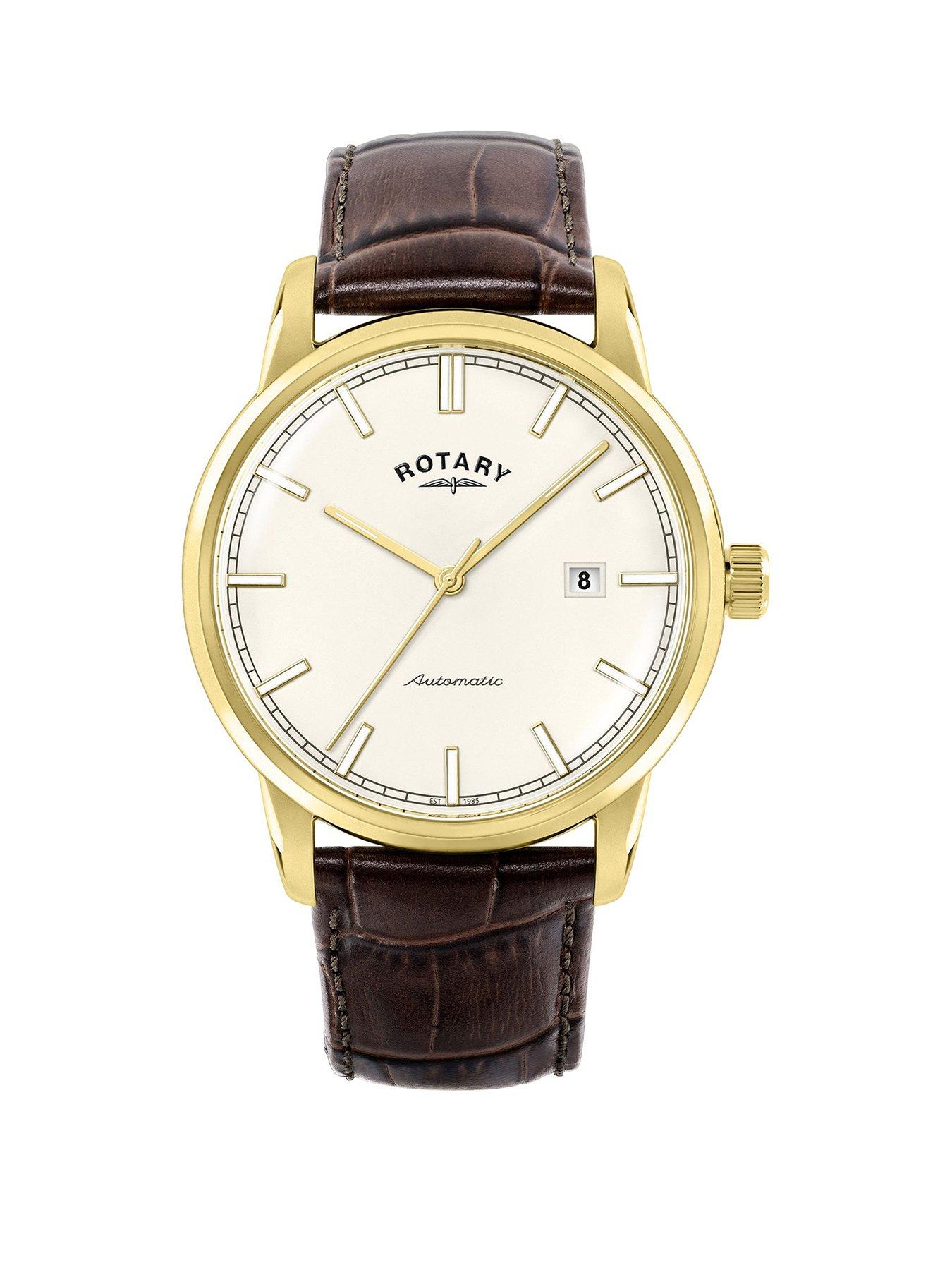 Rotary Men's Heritage Automatic Gold Plated Stainless Steel Brown Leather Strap Watch