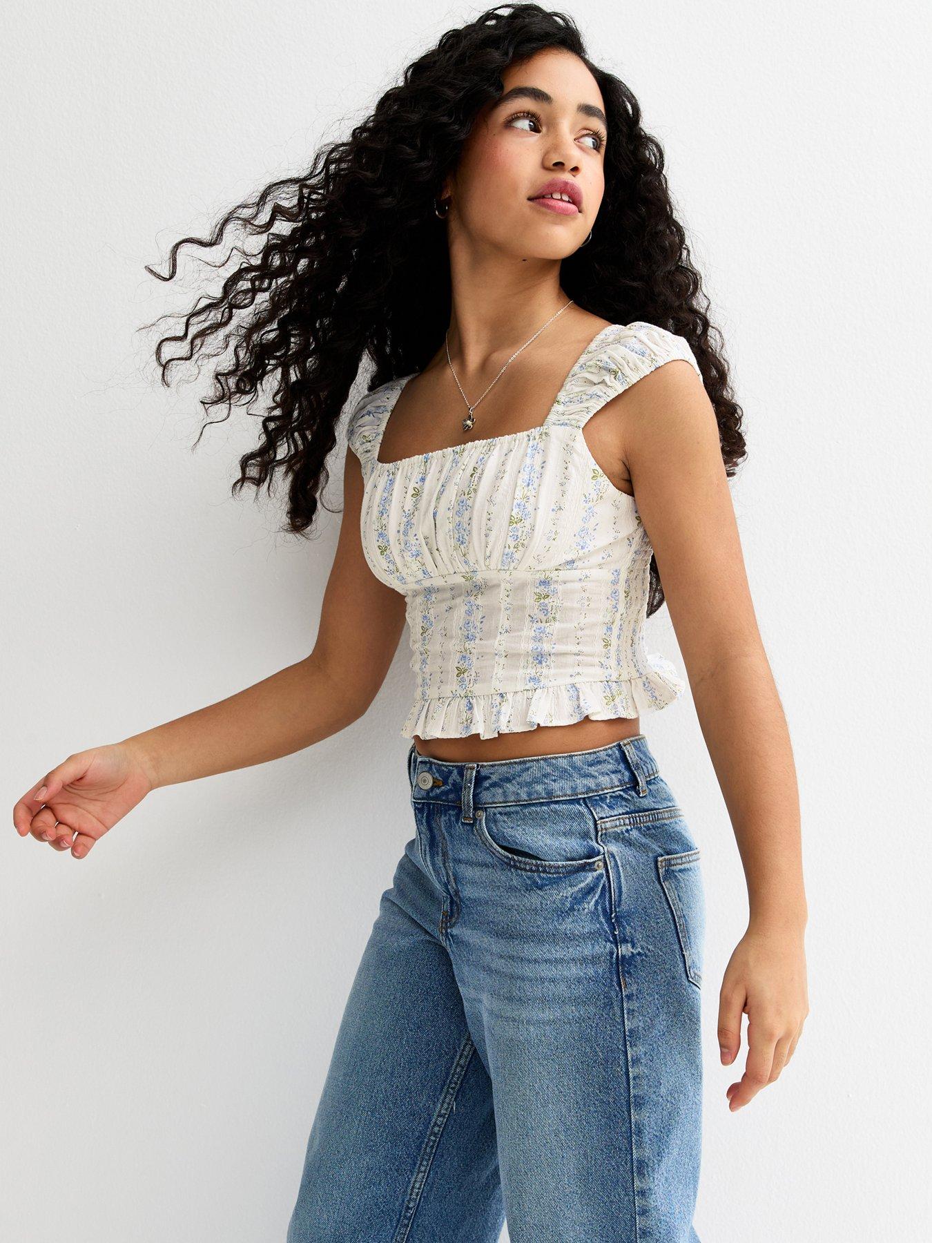 New Look 915 Girls Floral Ruched Top - White