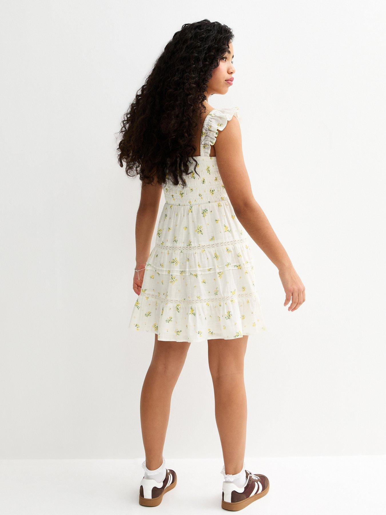 Image 2 of 5 of New Look 915 Girls Floral Print Textured Dress - White