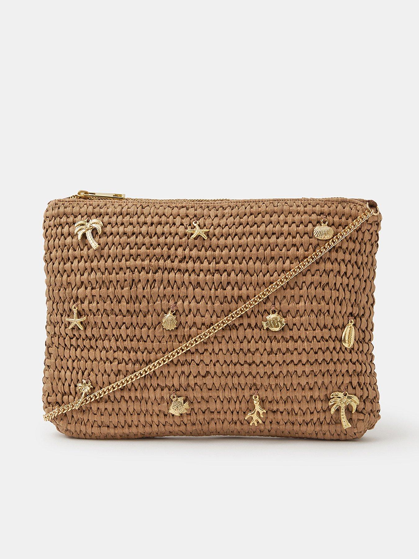 Accessorize Raffia Charm Clutch Bag - Brown