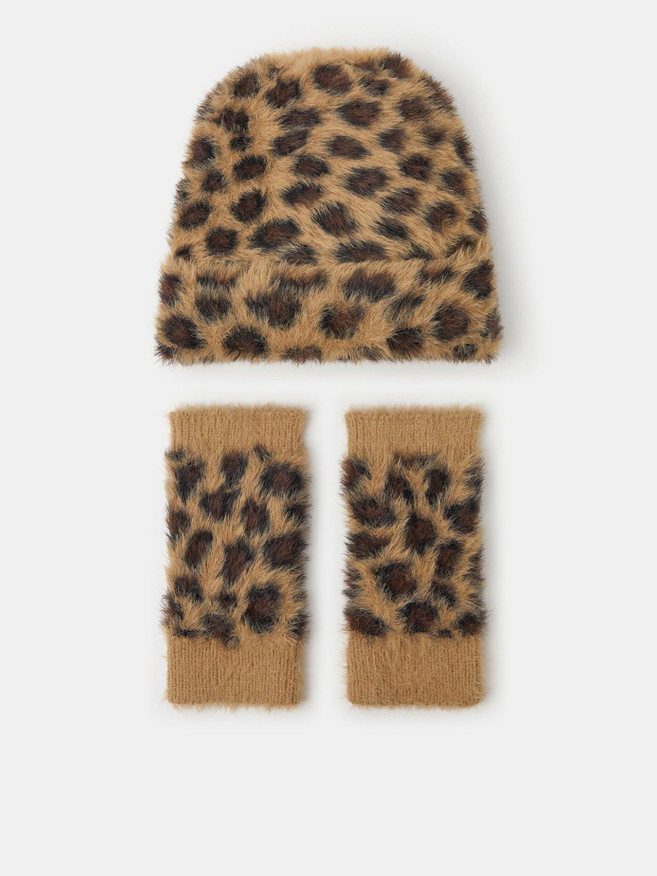Image 1 of 4 of Accessorize Leopard Print Beanie Hat &amp; Gloves Set - Multi