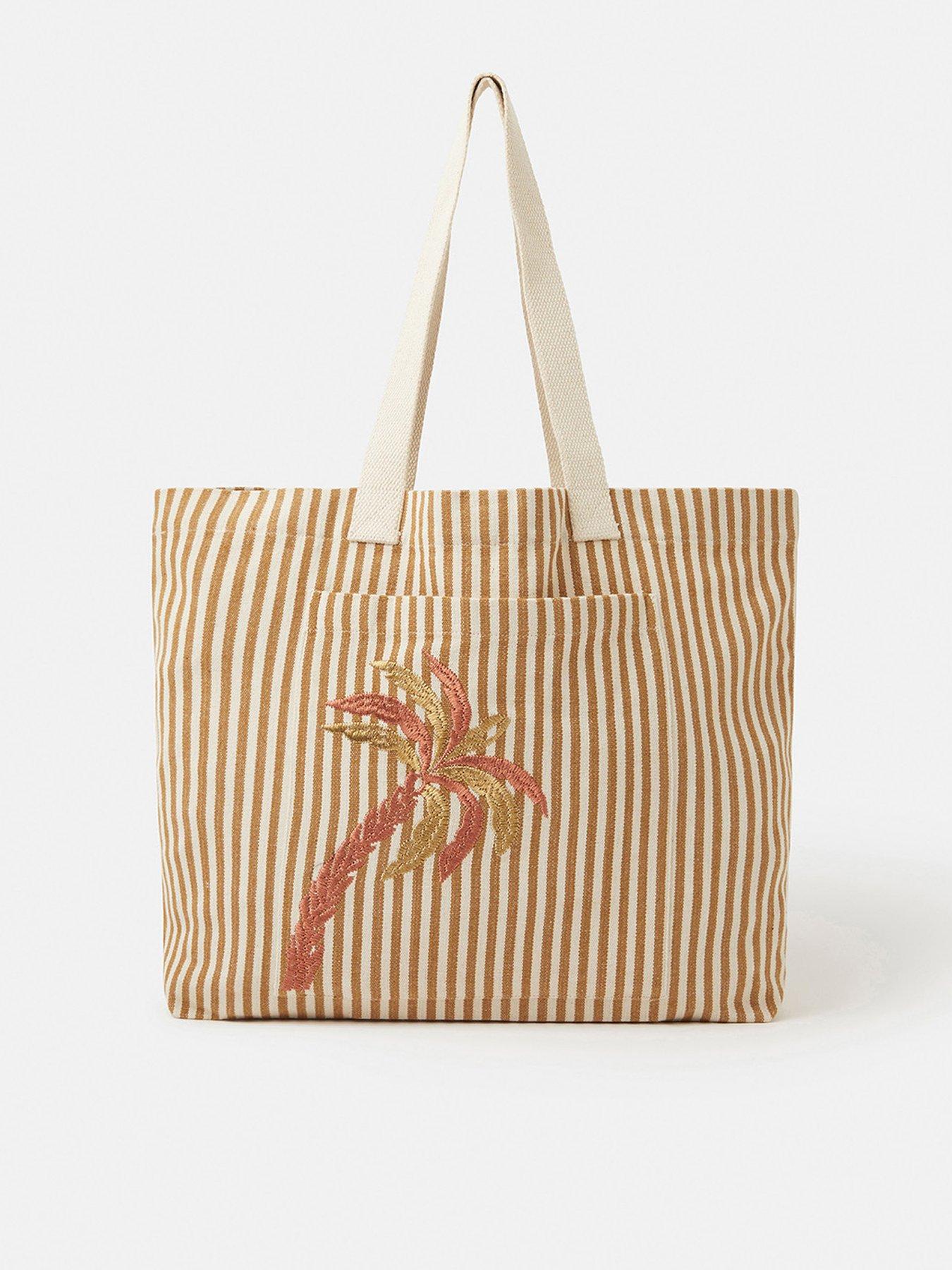 Accessorize Stripe Palm Embroidered Shopper Bag - White