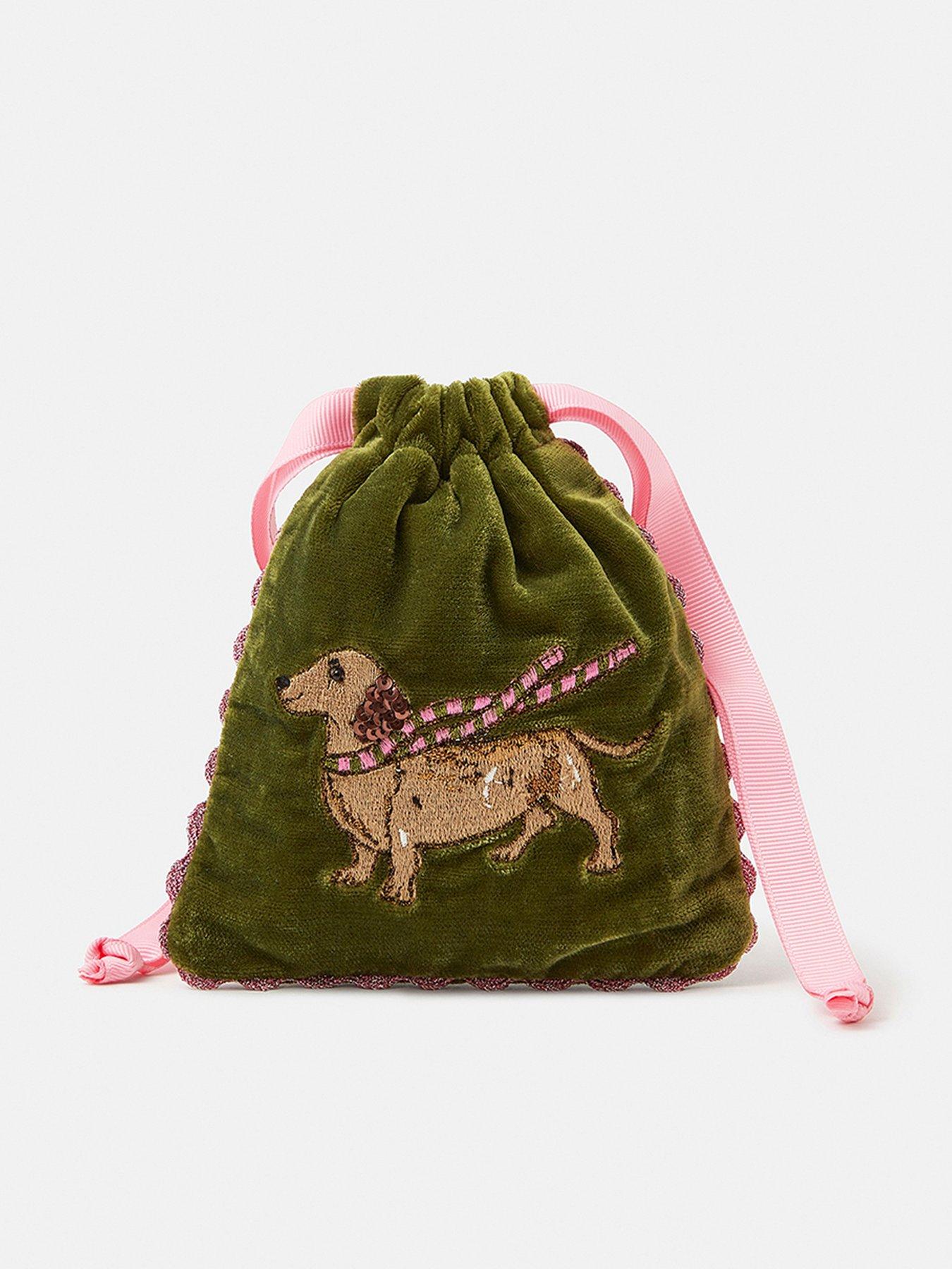 Accessorize Sausage Dog Velvet Drawstring Pouch - Green