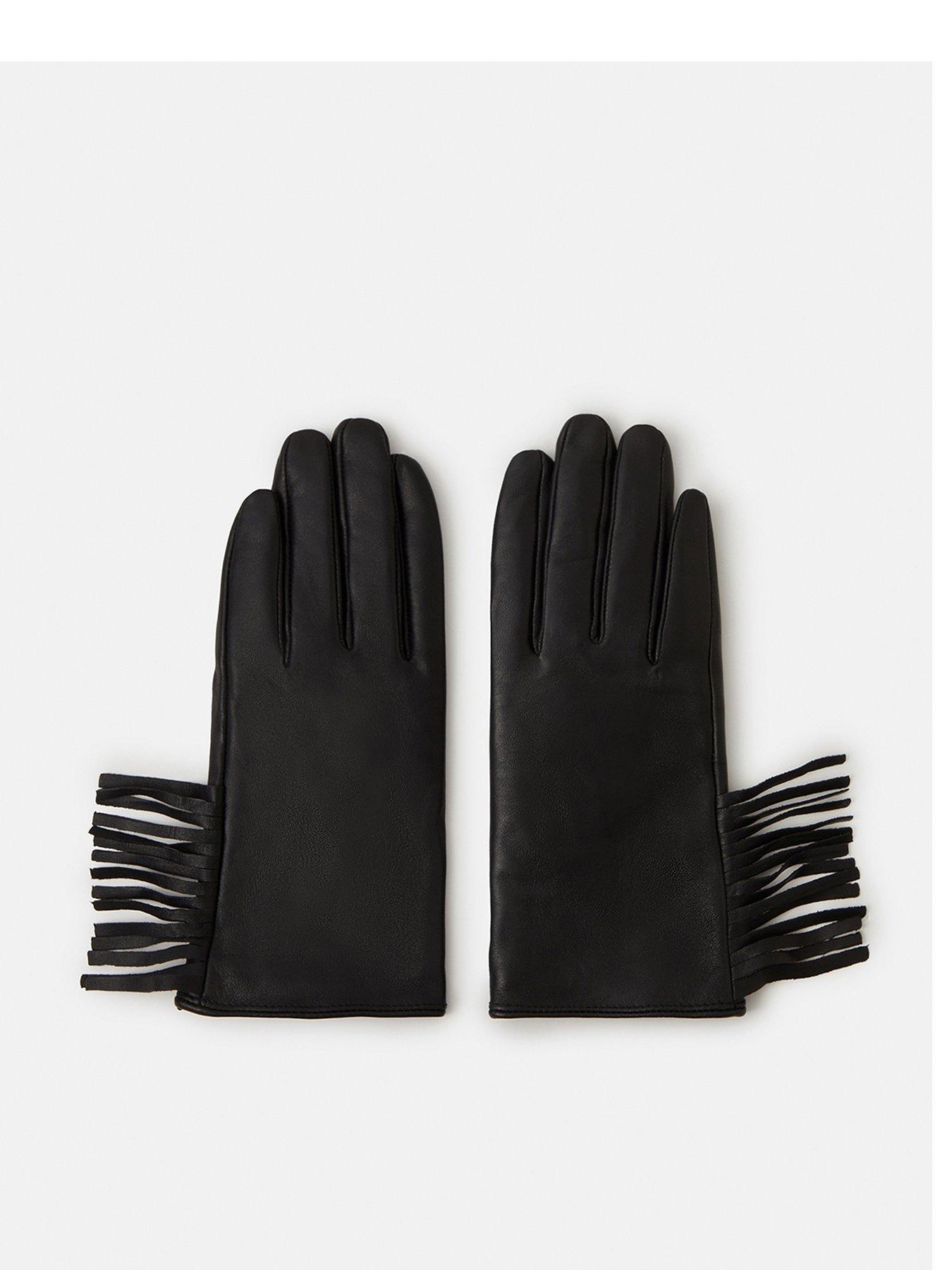 Accessorize Fringe Leather Gloves - Black