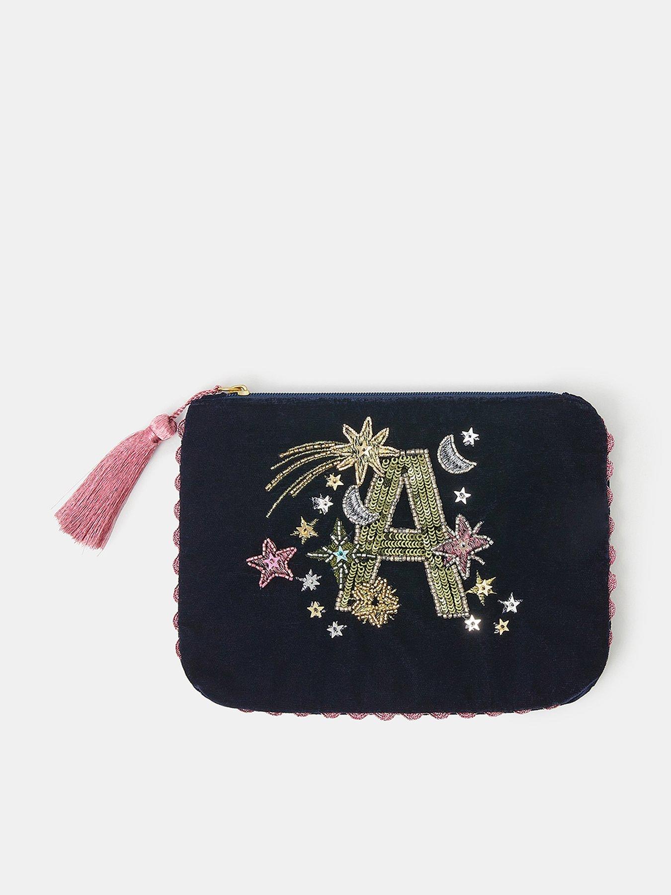 Image 1 of 7 of Accessorize Velvet Initial Christmas Pouchy - Blue