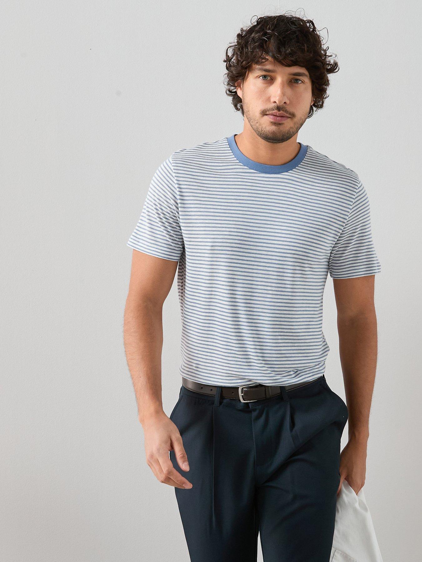The Very Collection: Linen Blend Stripe T-Shirt - Blue
