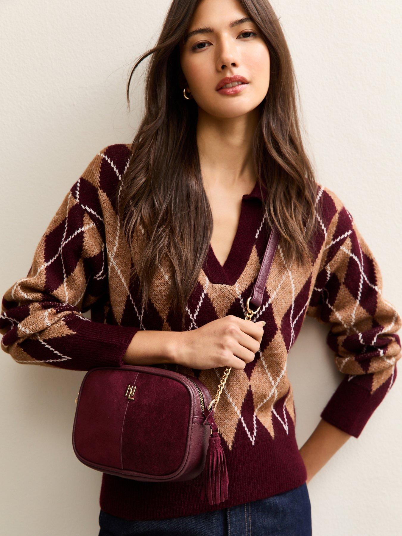 Image 1 of 5 of New Look Faux Suede Panel Cross Body Bag - Burgundy