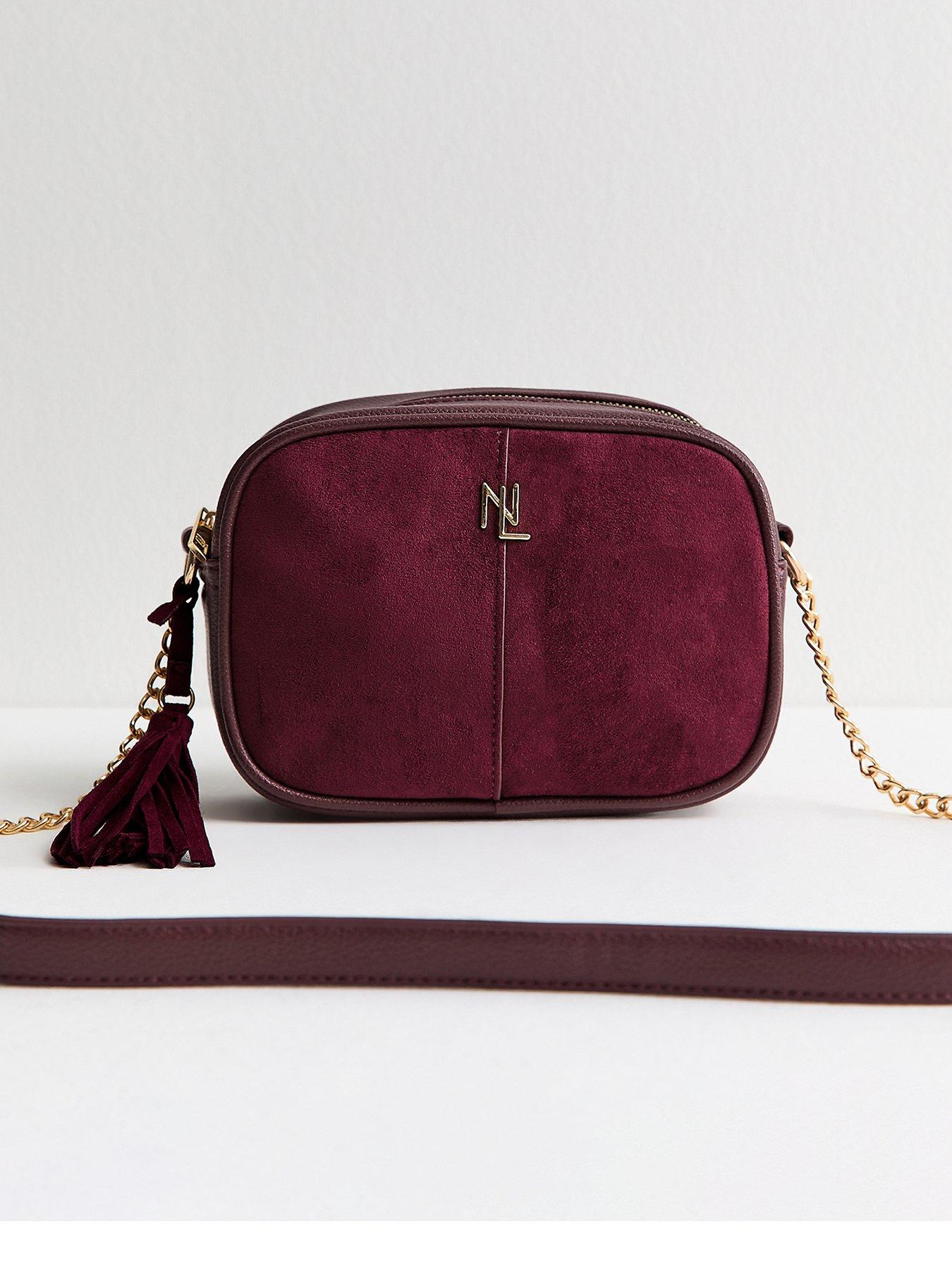 Image 2 of 5 of New Look Faux Suede Panel Cross Body Bag - Burgundy