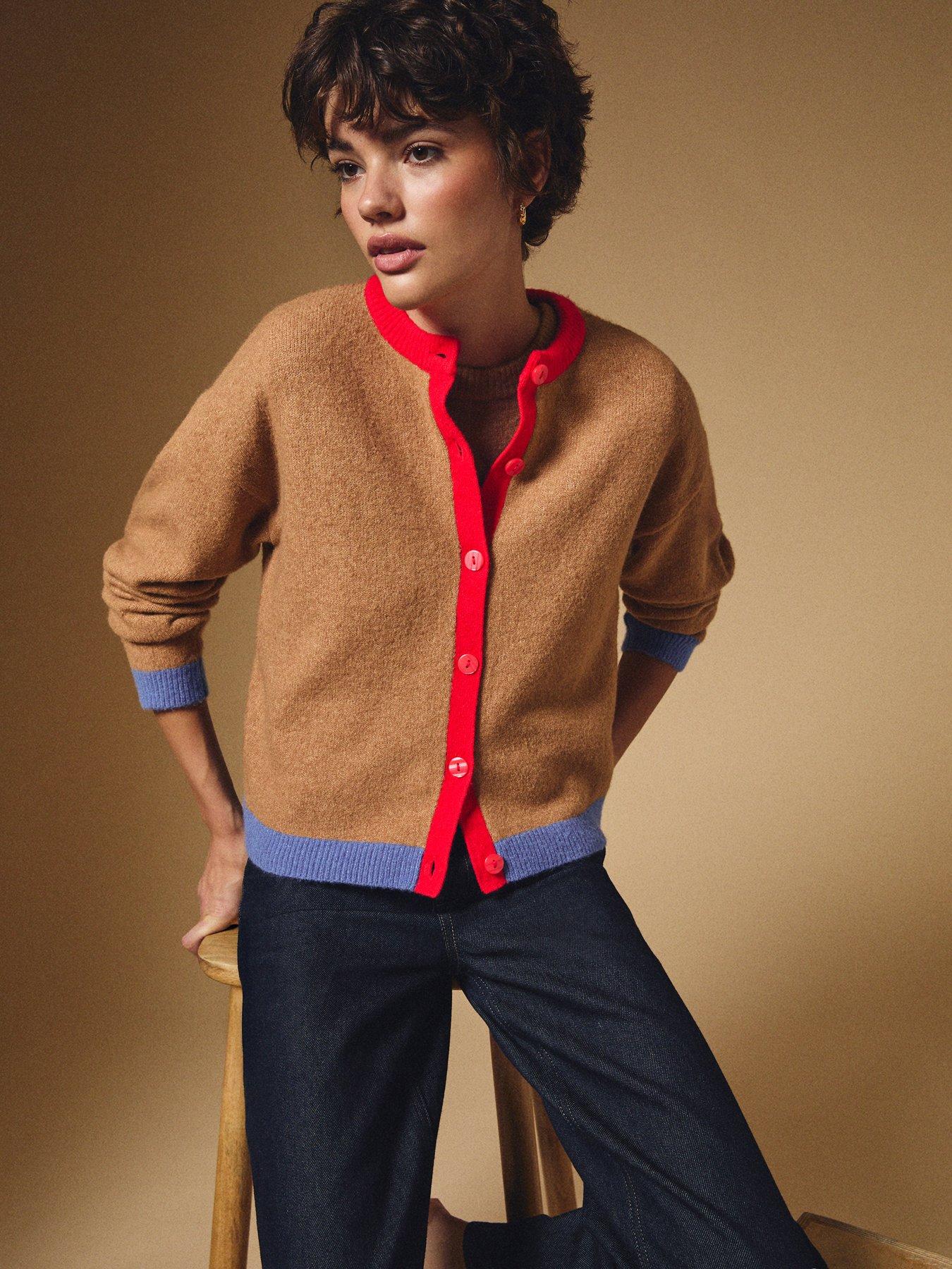 Image 1 of 5 of New Look Camel Red And Blue Trim Colour Block Cardigan