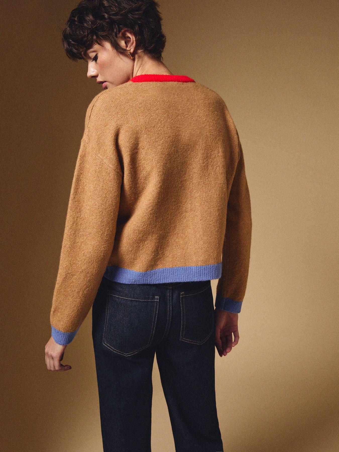Image 2 of 5 of New Look Camel Red And Blue Trim Colour Block Cardigan