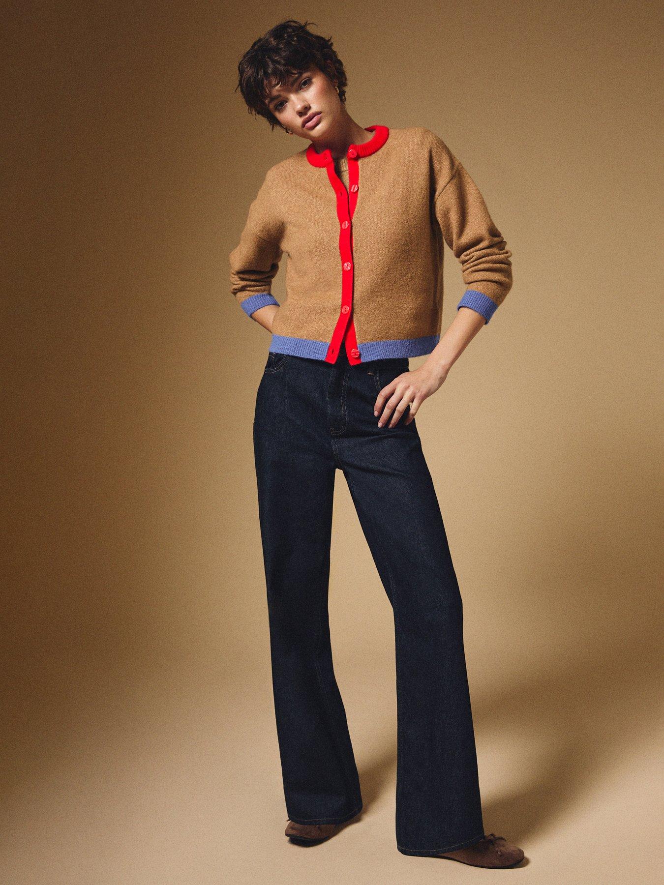Image 3 of 5 of New Look Camel Red And Blue Trim Colour Block Cardigan