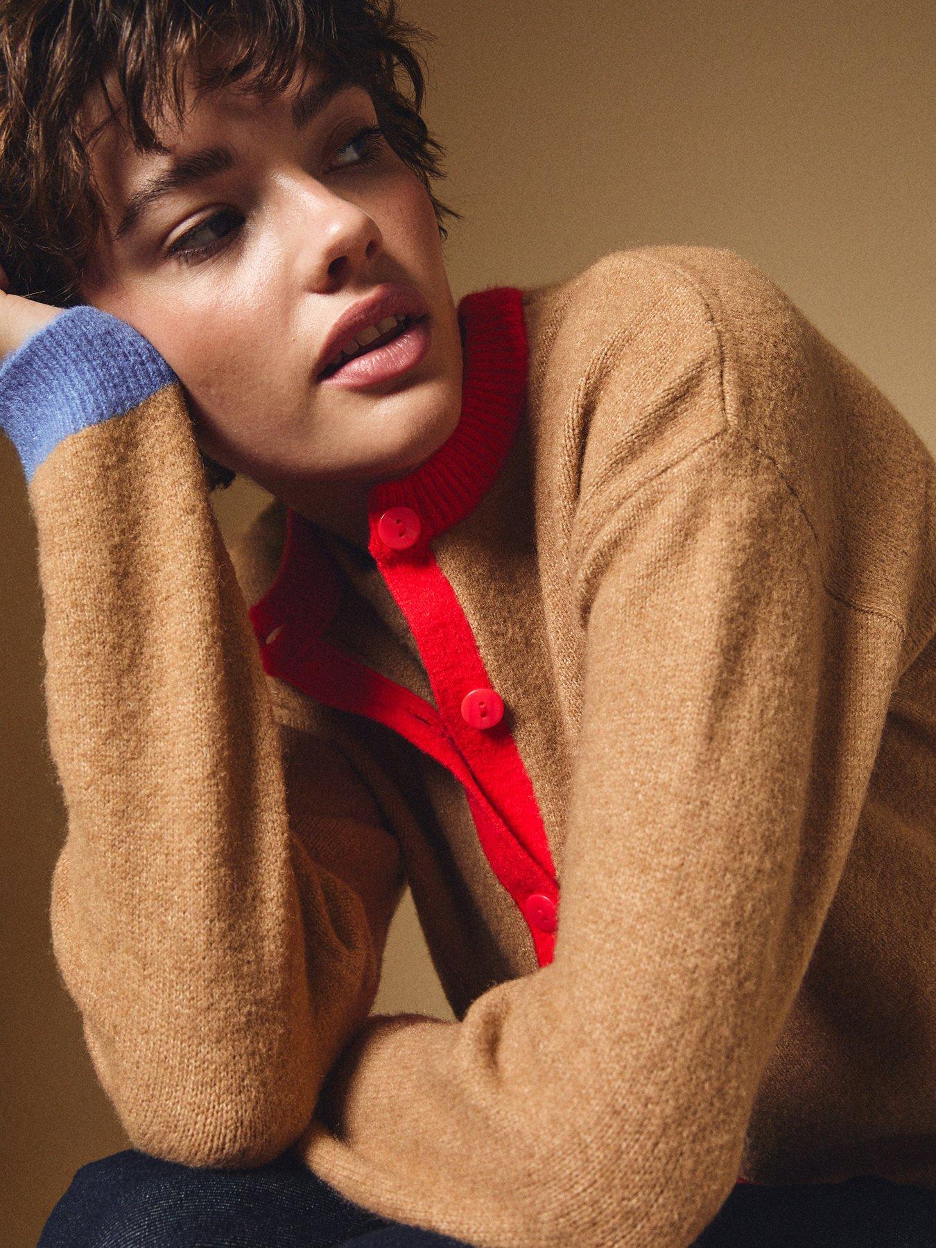 Image 4 of 5 of New Look Camel Red And Blue Trim Colour Block Cardigan