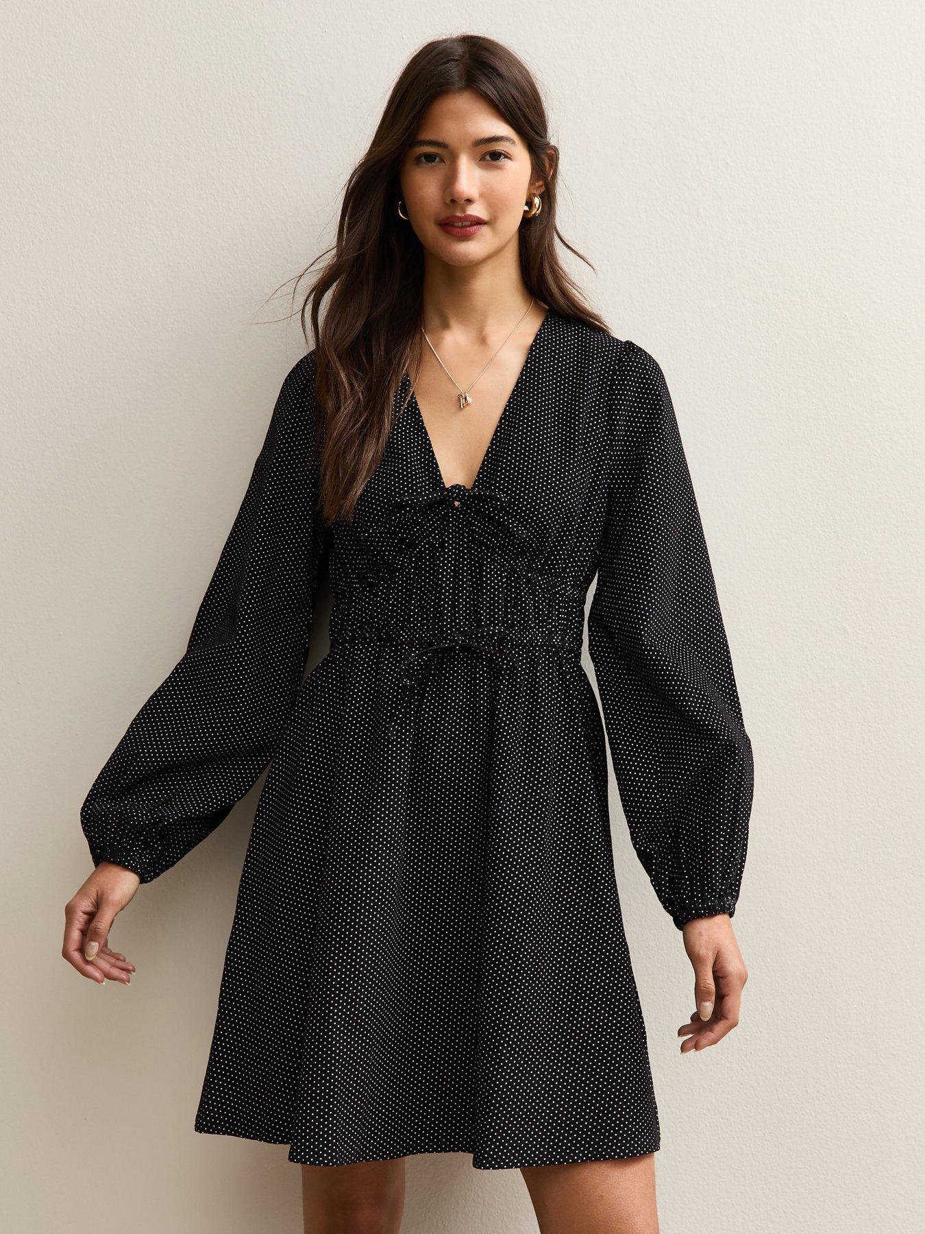 New Look Polka Dot Front Tie Mini Dress - Black