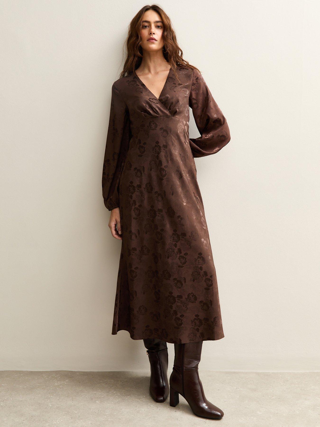 New Look Floral Jacquard Midi Dress - Dark Brown