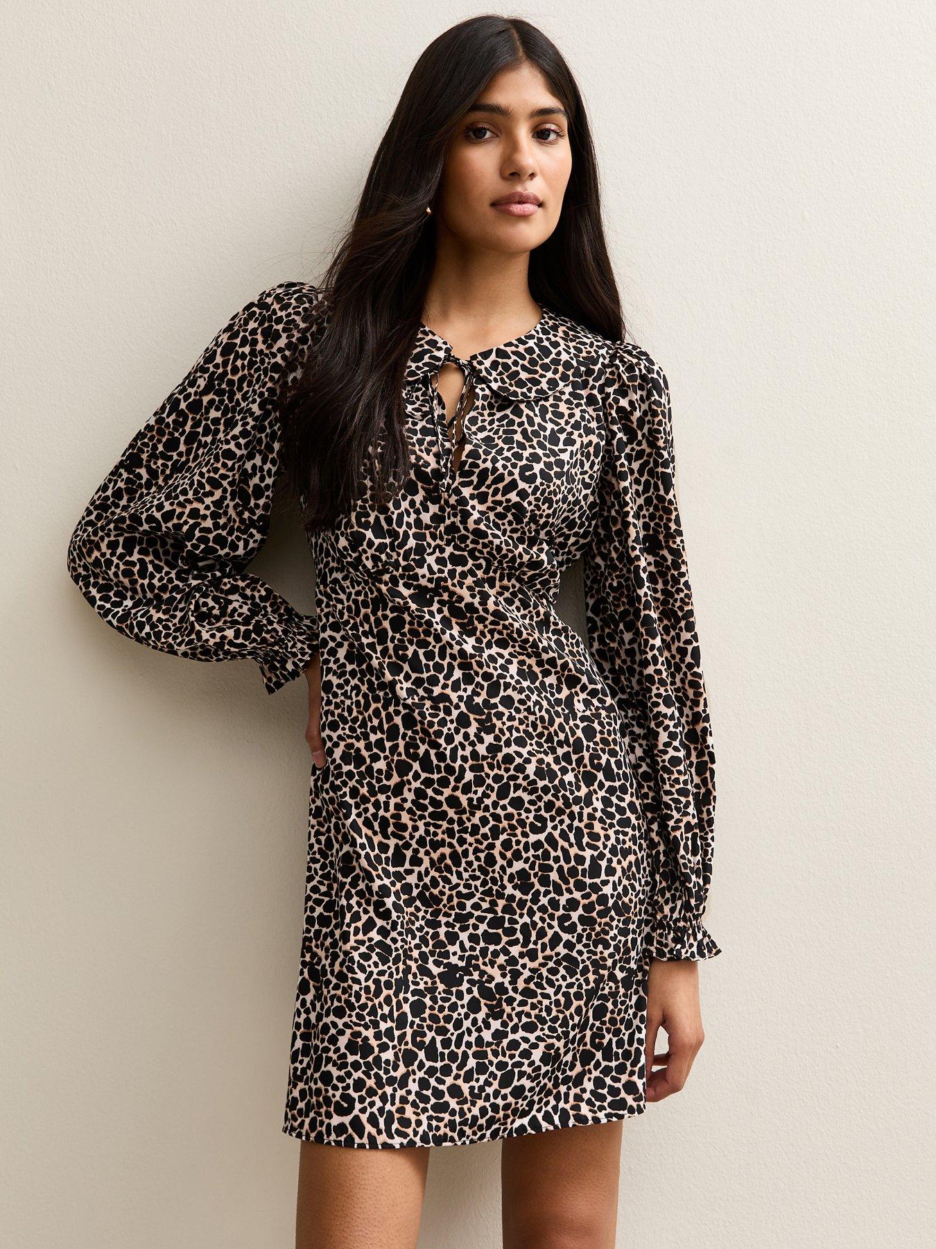 New Look Leopard Print Collared Long Sleeve Mini Dress - Brown