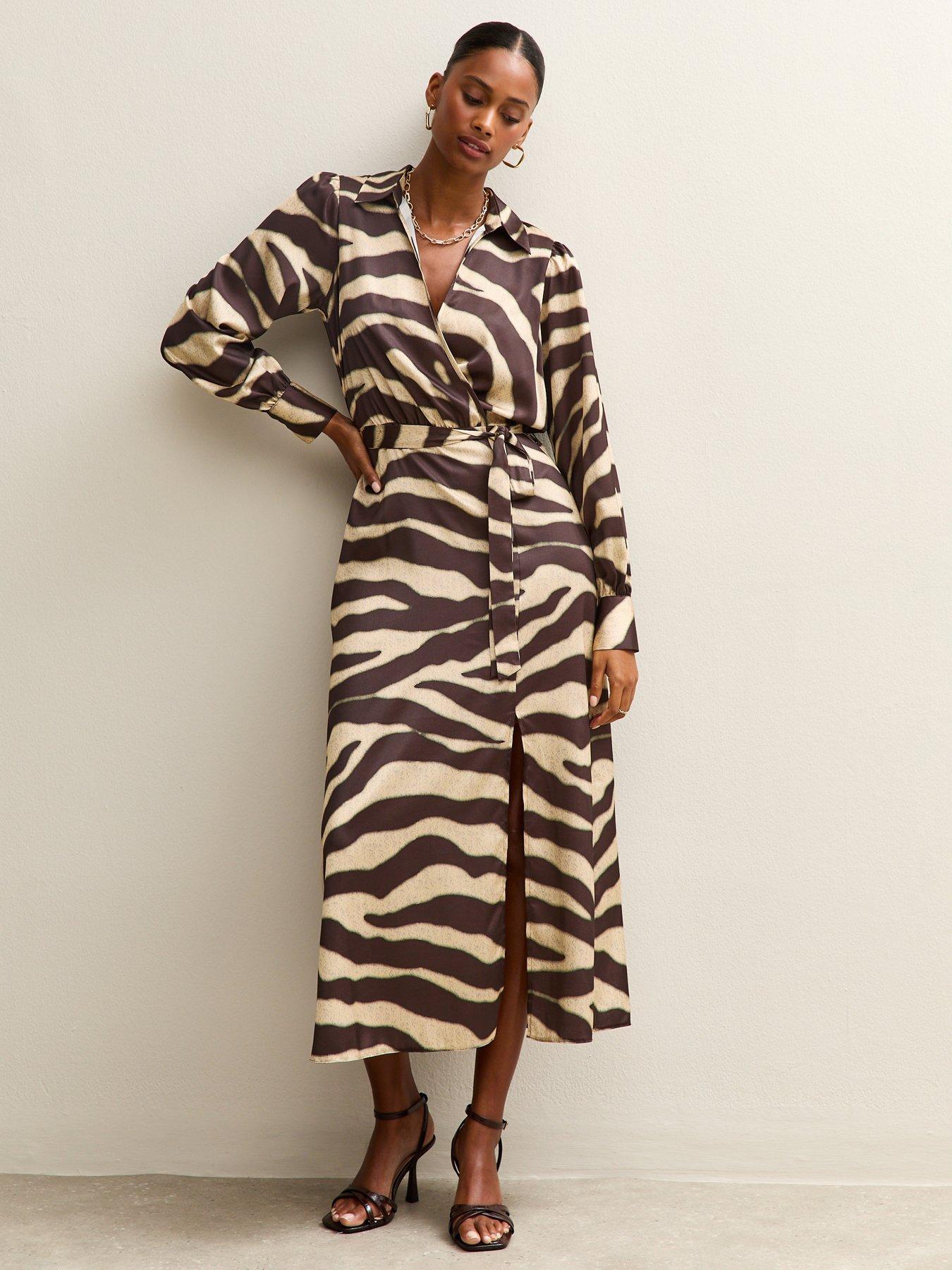 Image 1 of 5 of New Look Zebra Print Satin Wrap Midi Dress - Brown