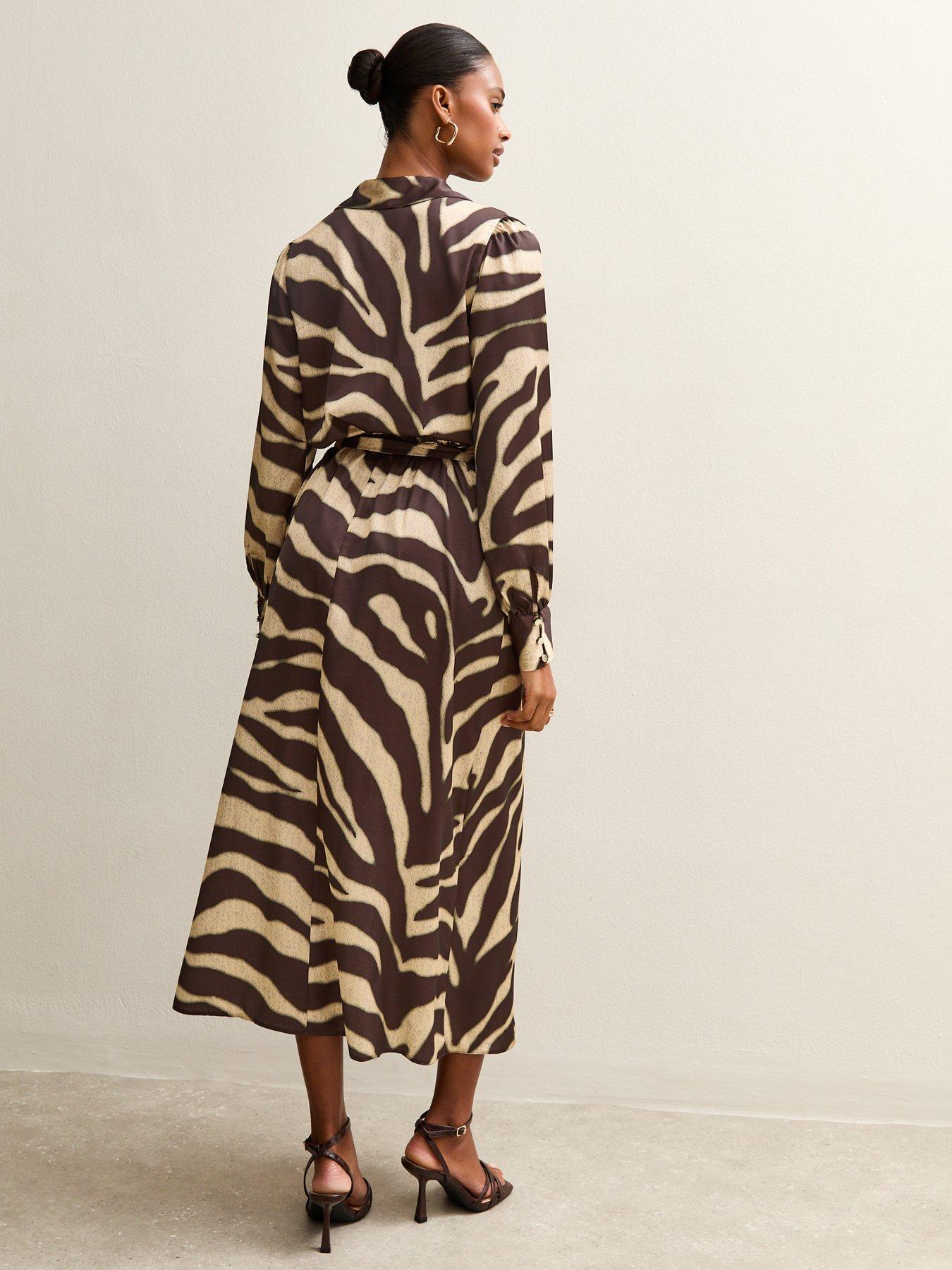 Image 2 of 5 of New Look Zebra Print Satin Wrap Midi Dress - Brown