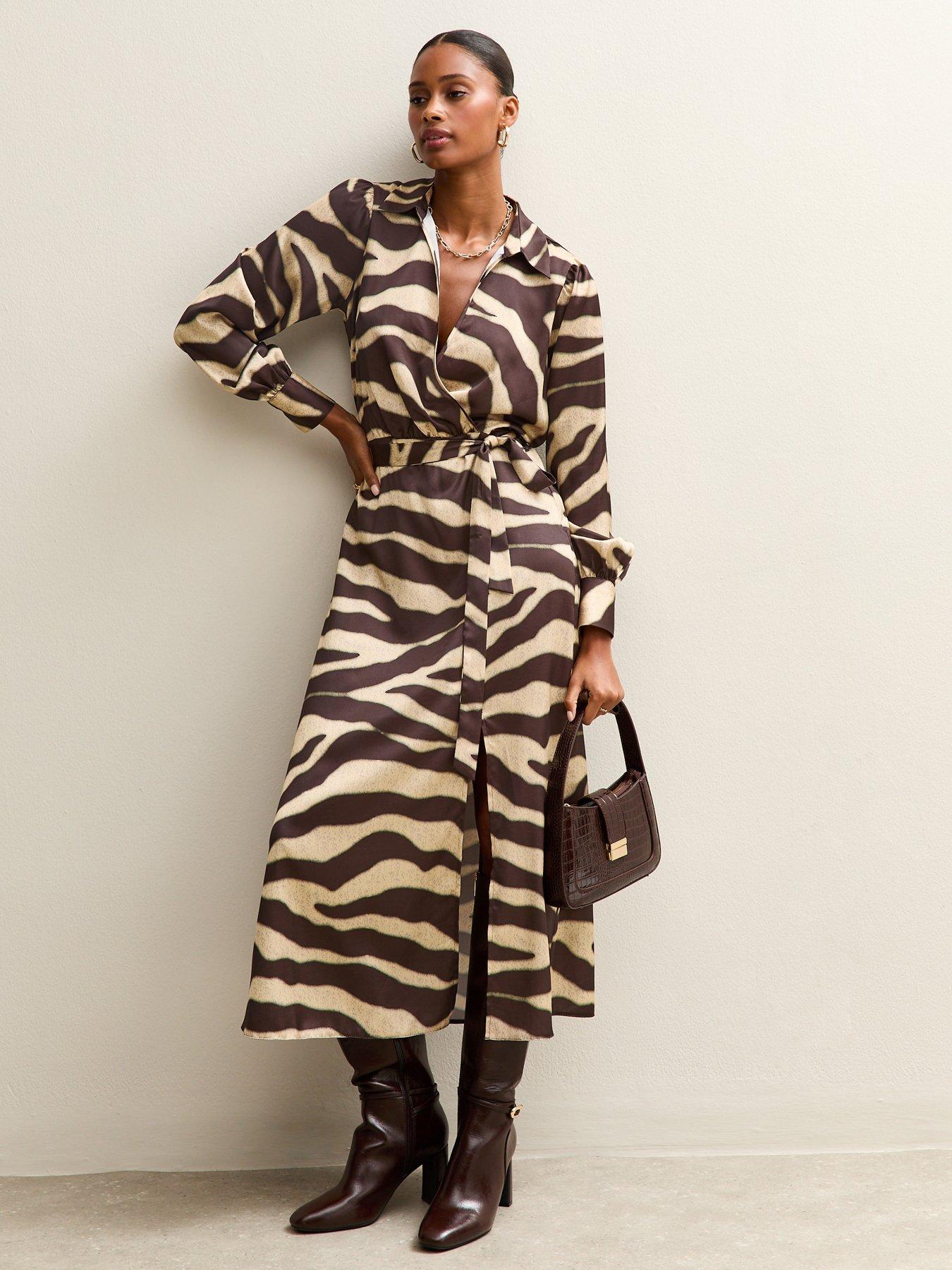 Image 3 of 5 of New Look Zebra Print Satin Wrap Midi Dress - Brown
