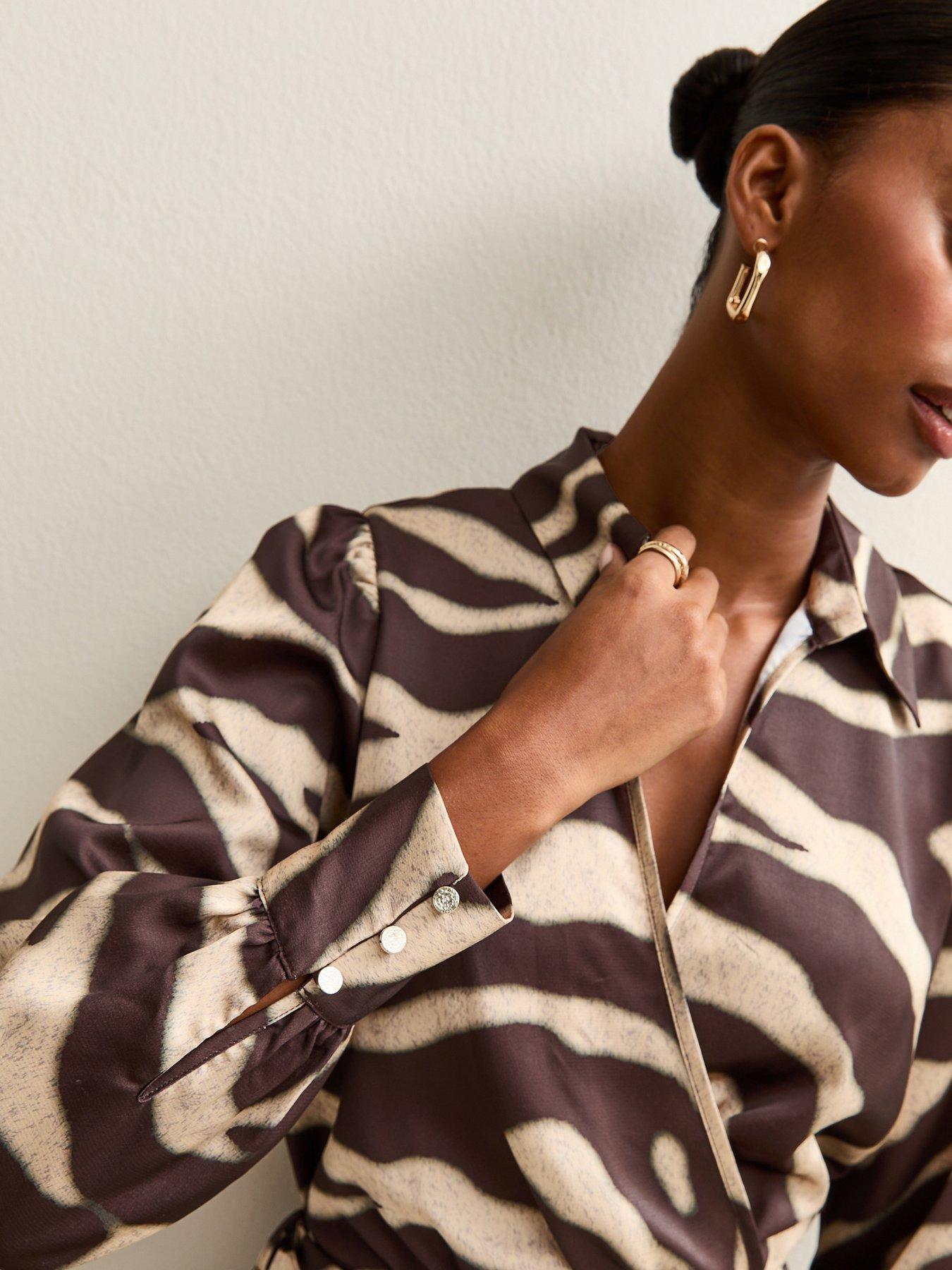 Image 4 of 5 of New Look Zebra Print Satin Wrap Midi Dress - Brown