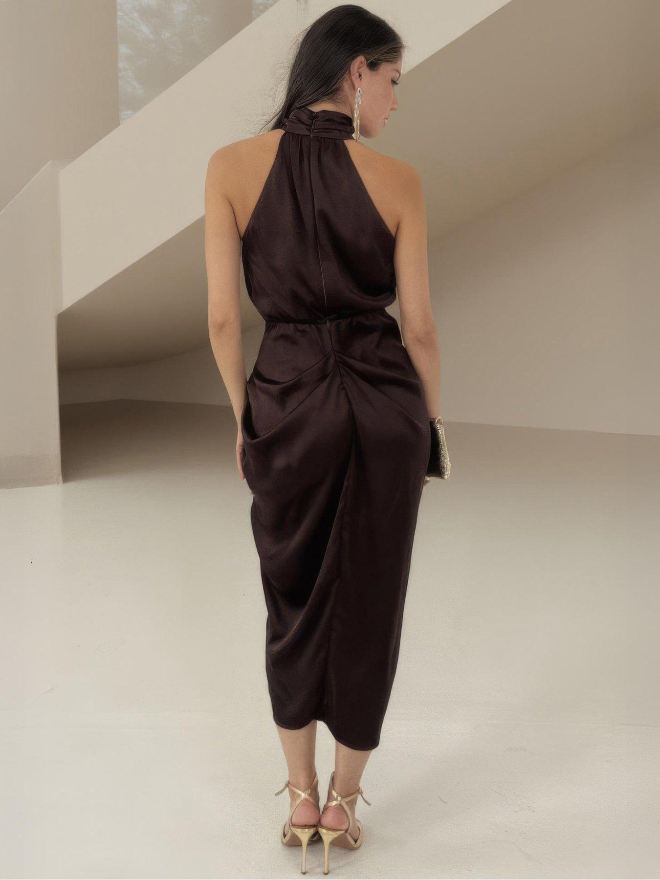 Image 2 of 4 of AX Paris Satin Halter Neck Gathered Skirt Midi Dress - Brown