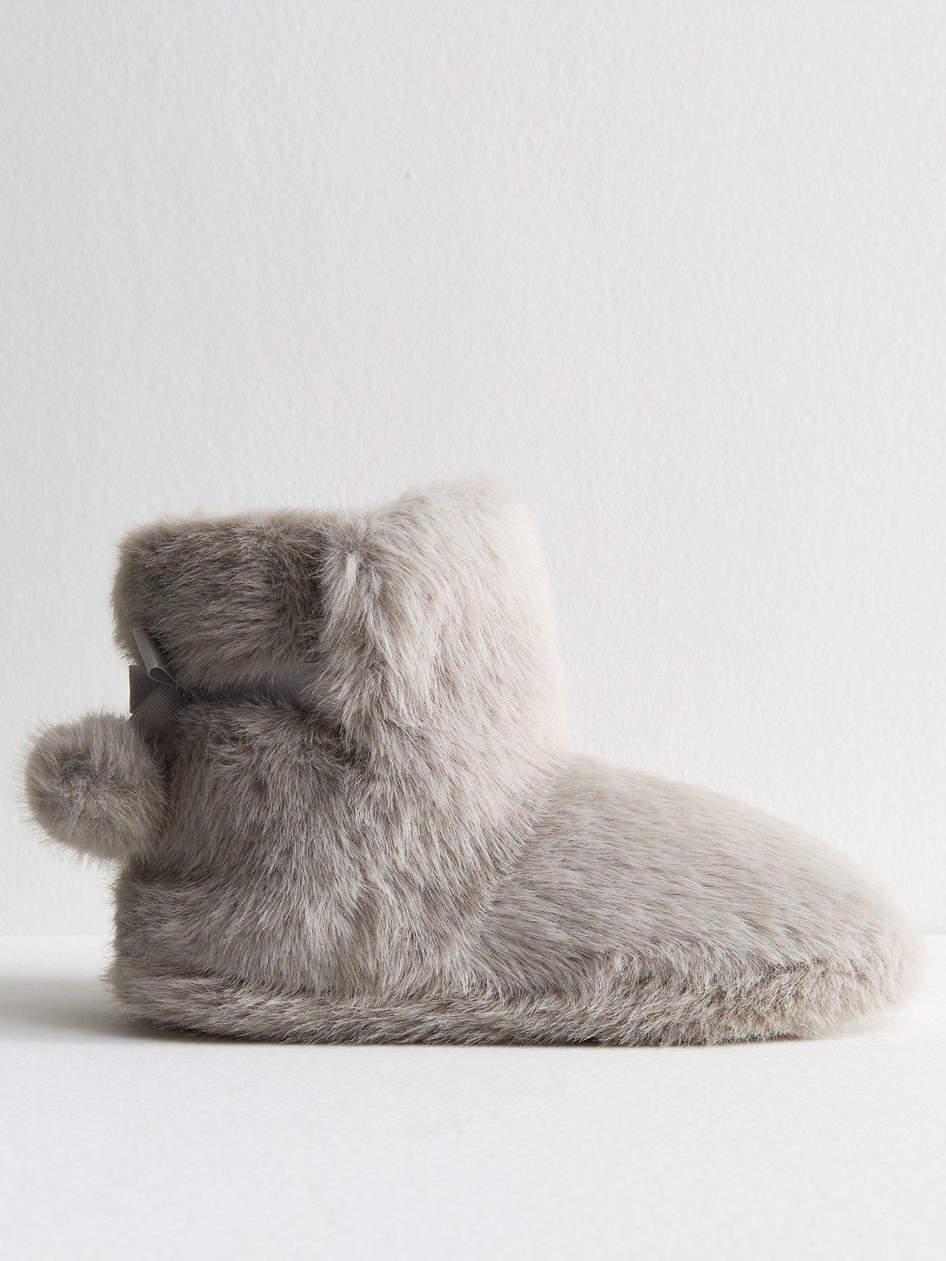 New Look Grey Faux Fur Slipper Boots