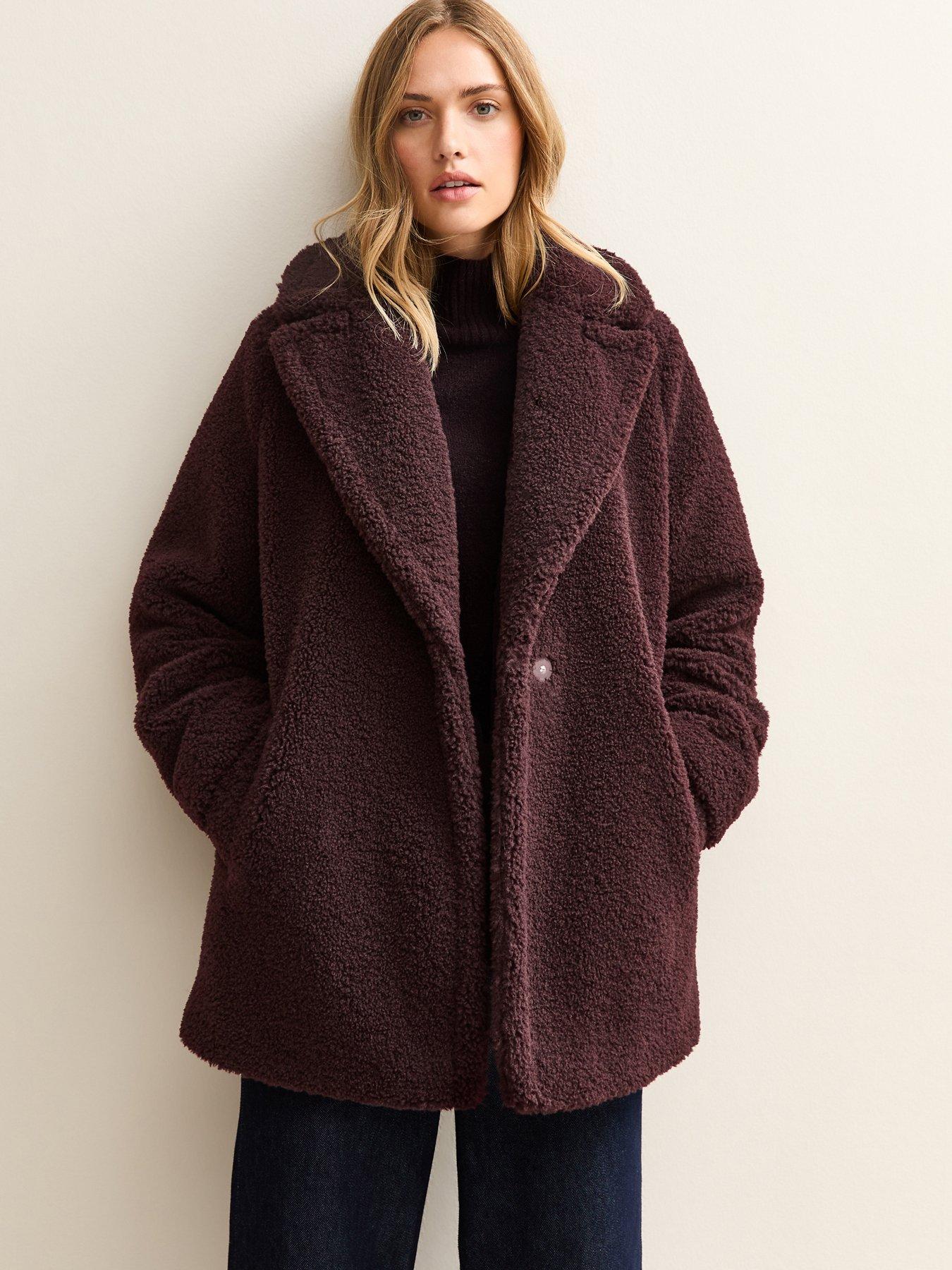 New Look Collared Long Sleeve Borg Coat - Burgundy