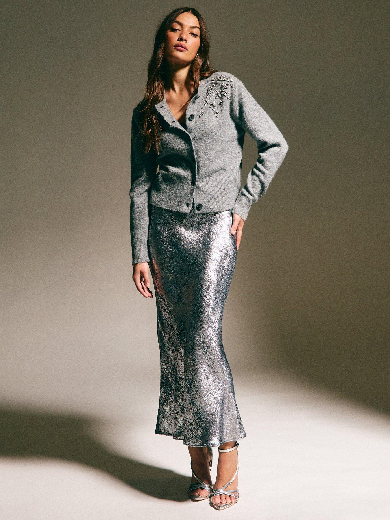 New Look Metallic Bias Cut Midi Skirt - Silver | Very