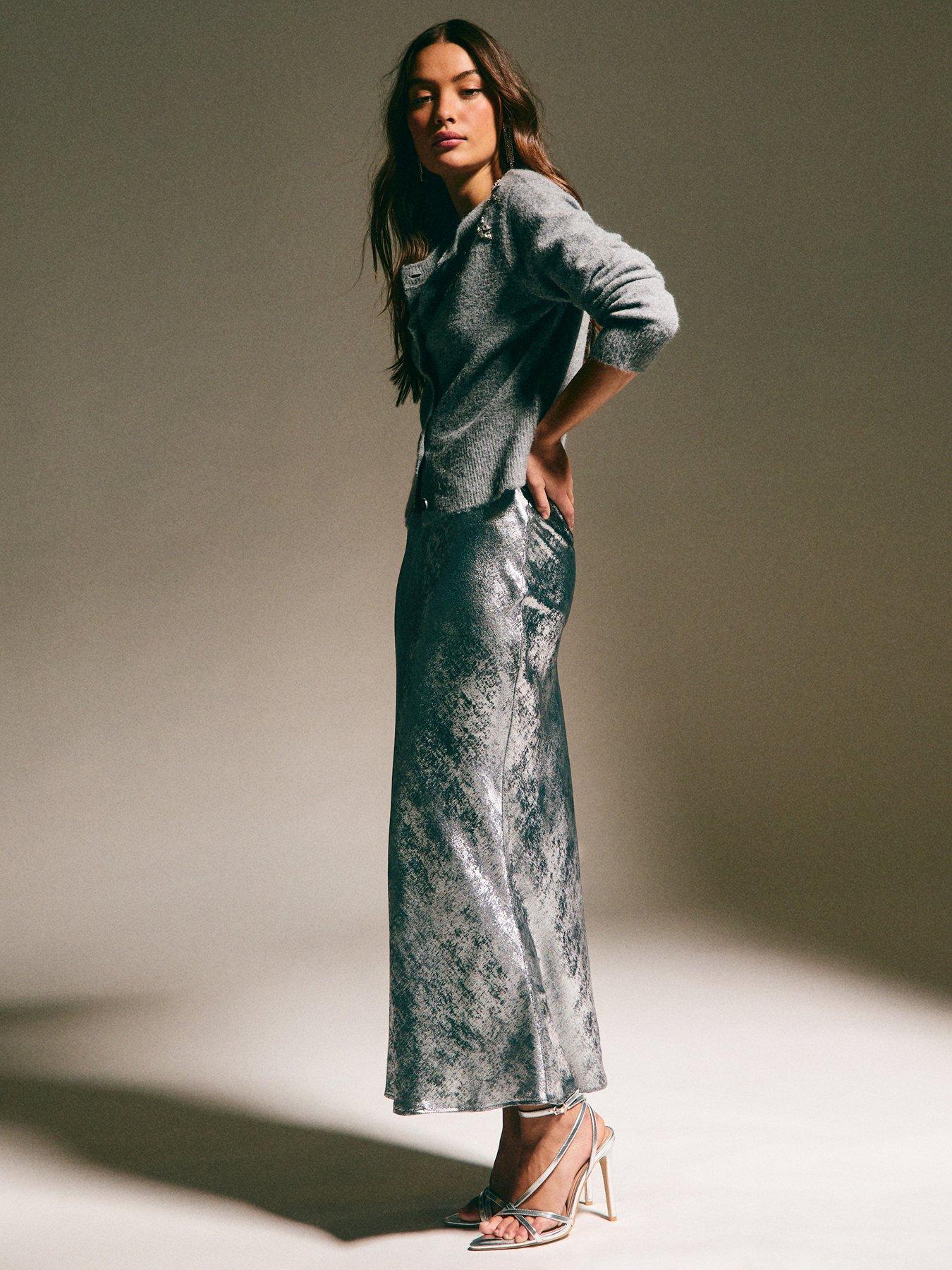 New Look Metallic Bias Cut Midi Skirt - Silver | Very